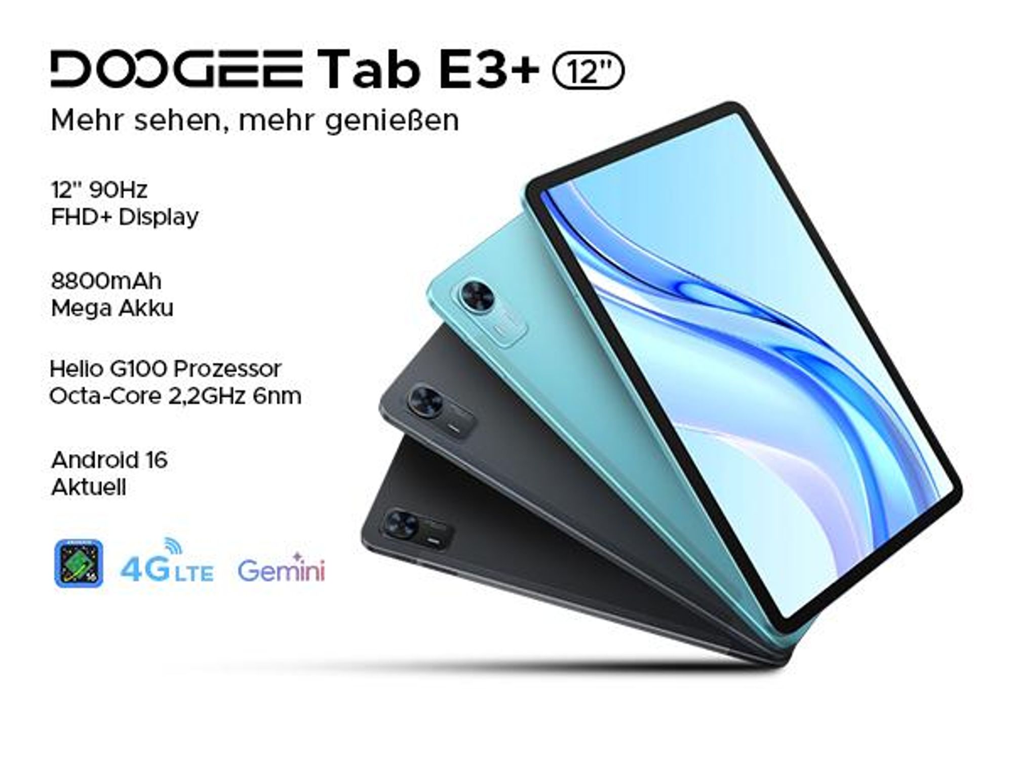 DOOGEE Tab E3+ - Tablet, Android 16, 12 Zoll, 48(8+40)GB+256GB(bis 2TB erweiterbar), 4G LTE, 90Hz,8800mAh/18W, Vier Trompeten
