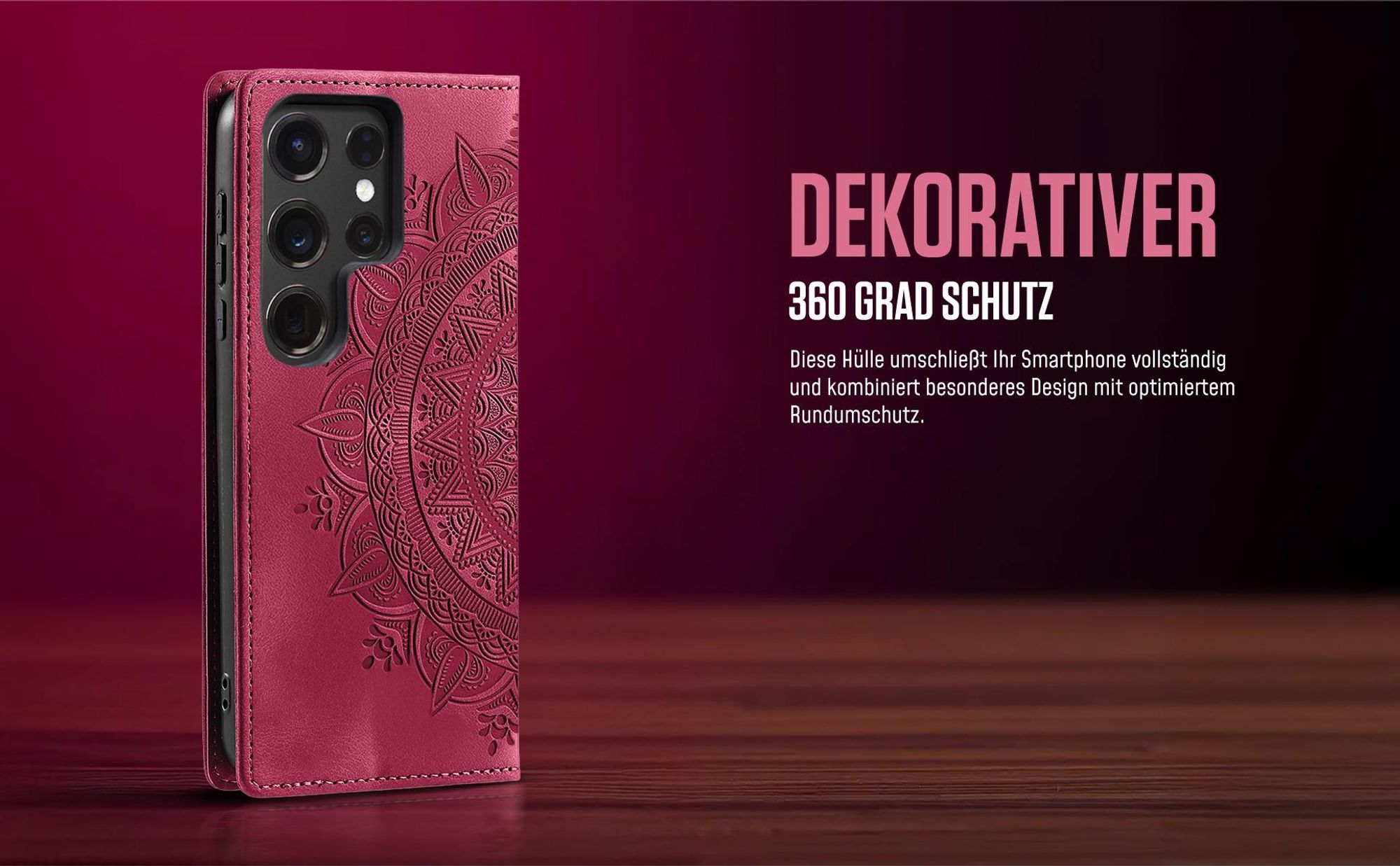 Mandala Flipcase in Magenta für Samsung Galaxy S24 Ultra mit 360 Grad Schutz
