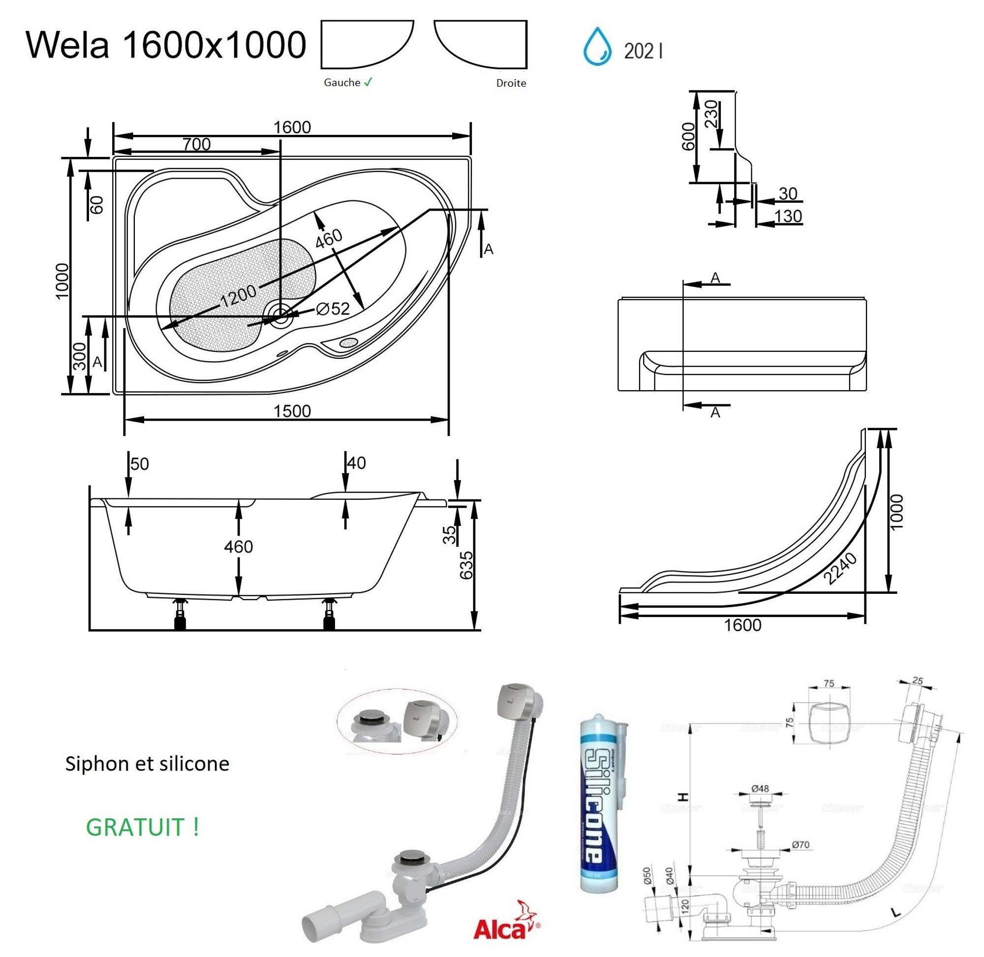ECOLAM Baignoire d'angle Wela 160x100 cm gauche + tablier Garniture d'écoulement Pieds + silicone Set complet