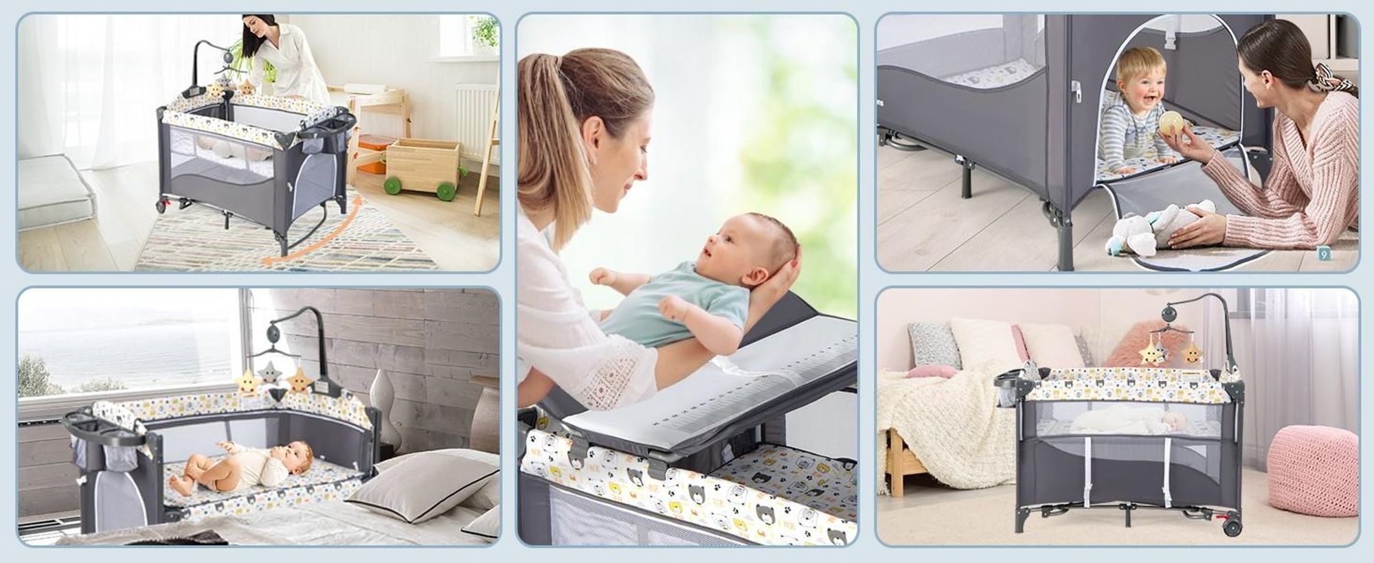 Reisebett mit Matratze, 5 in 1 Beistellbett Baby mit Rollen & Wickelauflage & Spieluhr, 110×76cm Babybett mit Tragetasche, Stubenwagen für Neugeborene & Baby (Bunt)