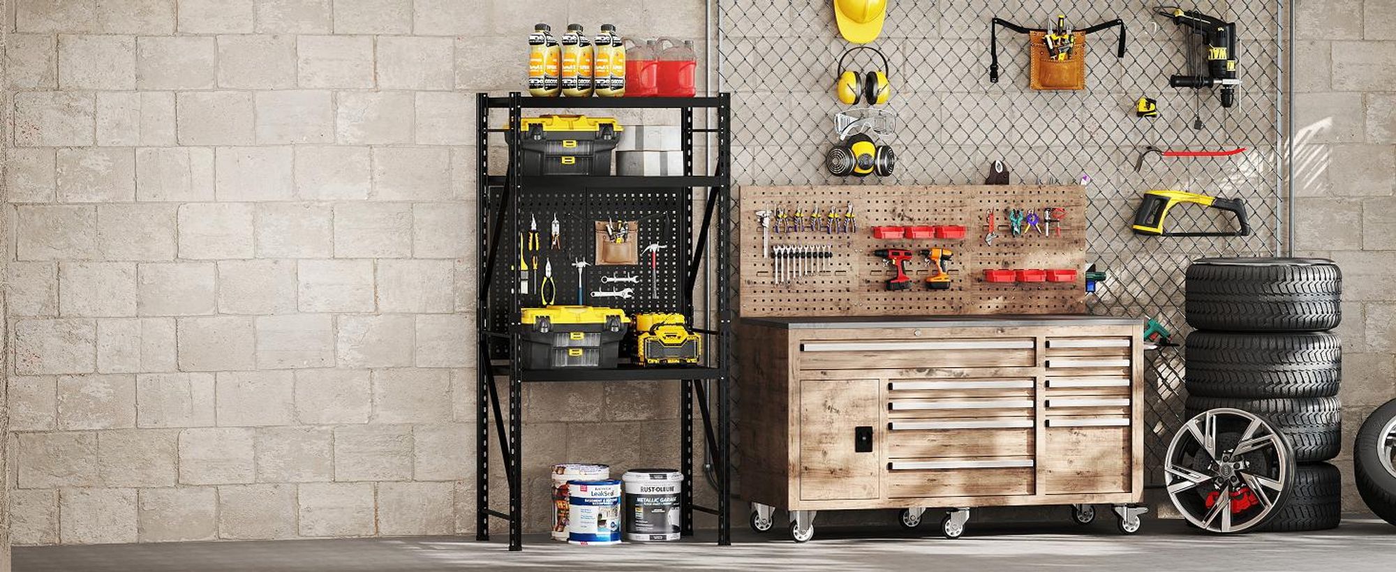 FLEXISPOT Werkbank aus Stahl, Arbeitstisch mit Lochwänden und oberer Ablage, Lagerregal bis 200 kg, für Werkstatt, Lager, Büro und Haushalt (Schwarz)