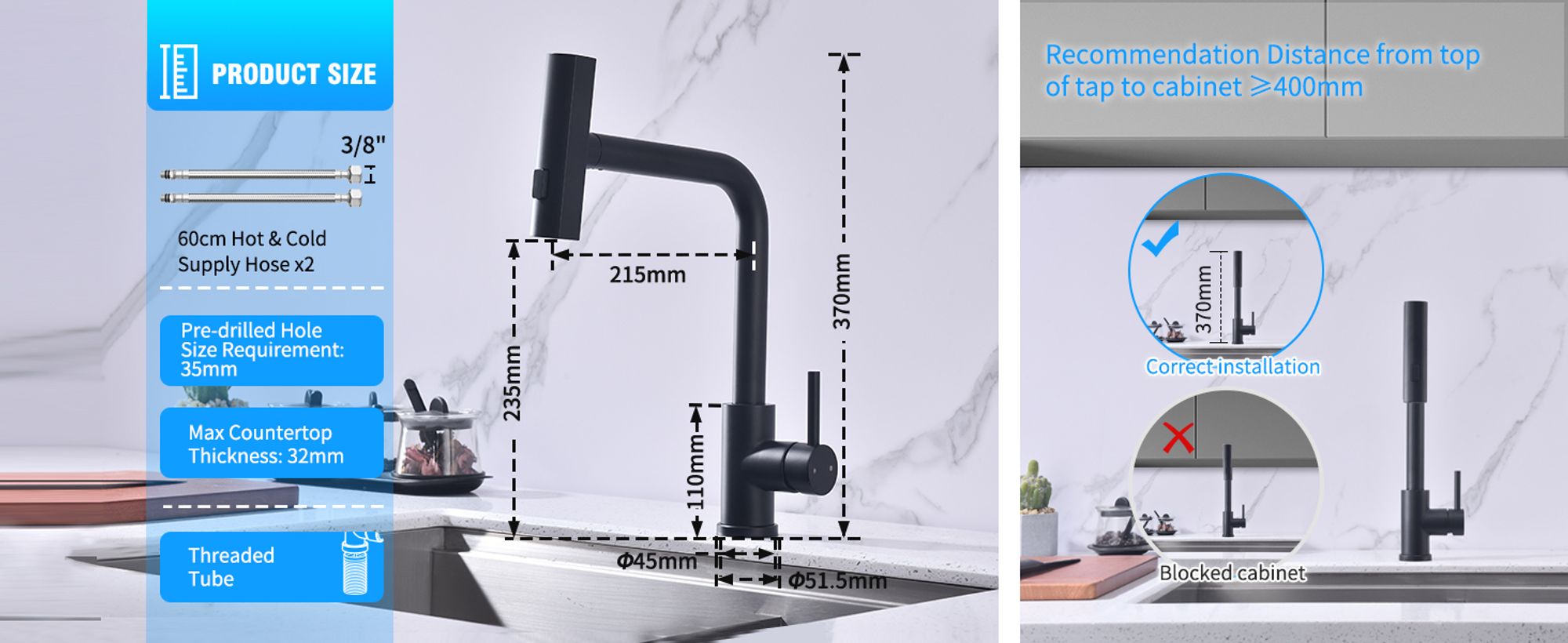 Homelody Schwarz Küchenarmatur, 360° Schwenkbarer Wasserhahn Küche Hochdruck, Ausziehbare Spültischarmatur mit Brause 3 Strahlarten, 304 Edelstahl