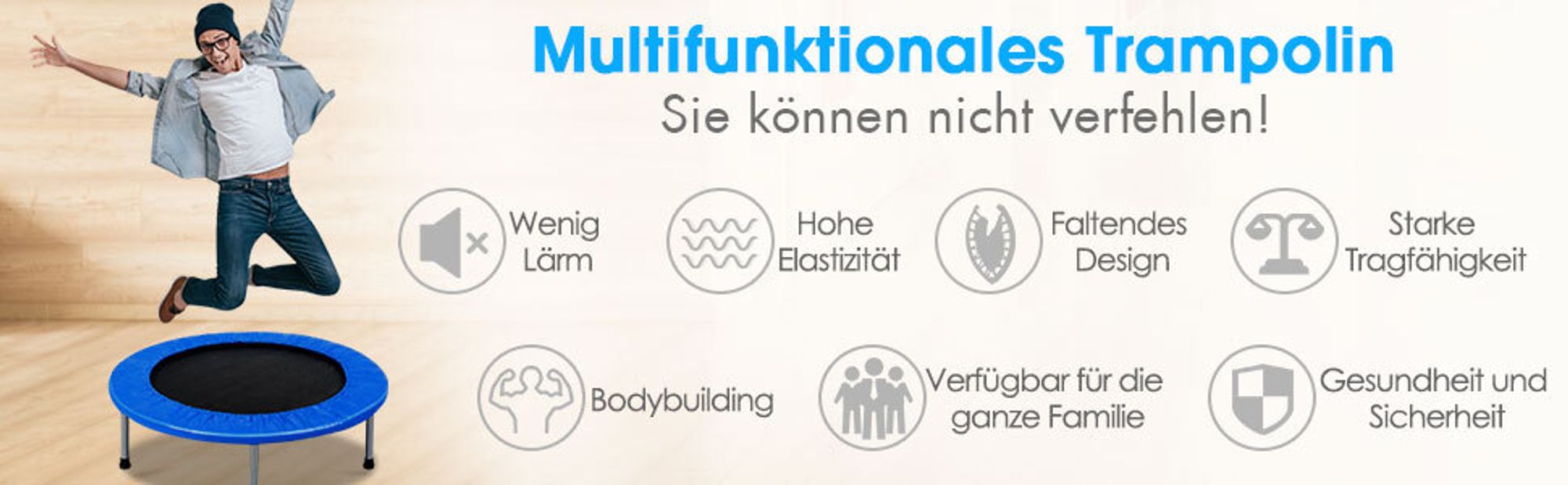 Trampolin aus Stahlrohr, Faltbares Kindertrampolin mit Tragfähigkeit von 150 kg, Fitnesstrampolin mit Rutschfesten Fußkappen, Gartentrampolin für Kinder & Erwachsene, Indoor&Outdoor