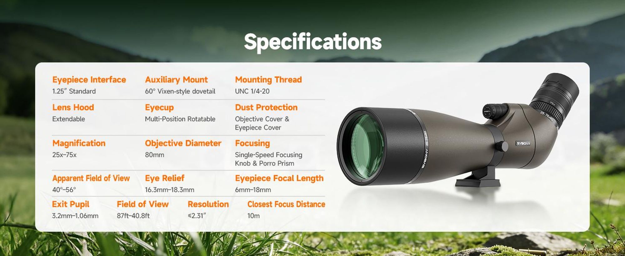 Svbony SV29 Spektiv, 25-75×80mm, 4-Glas 6-Linsen, mit Handyhalterung, verbesserte Version des SV13, für Sportschützen, Vogelbeobachtung