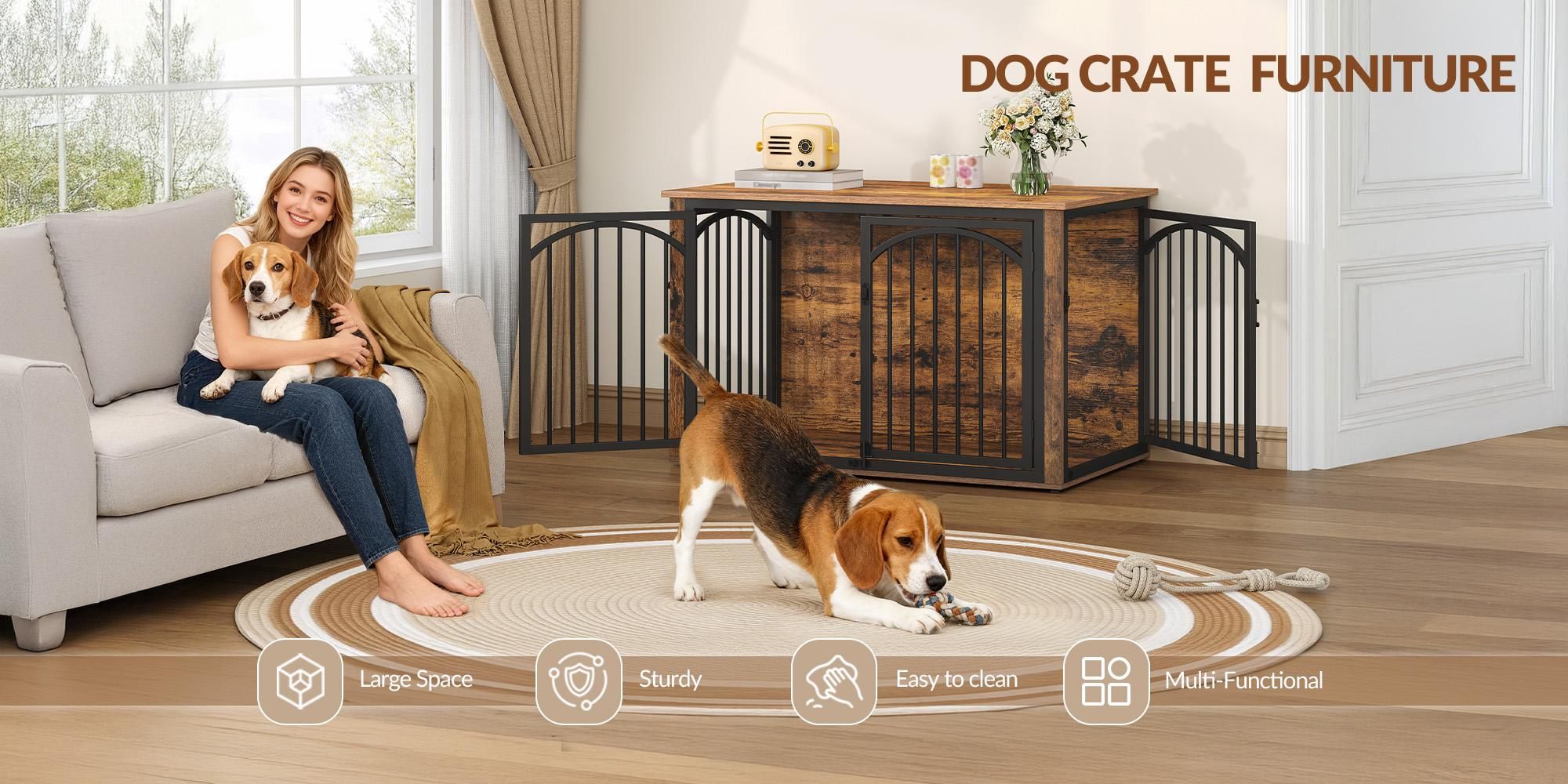 Hundebox Holz 100x60x63 cm, Vintagebraun & Schwarz, 4 Türen, Möbel-Hundekäfig als Beistelltisch, für mittelgroße bis große Hunde, Indoor