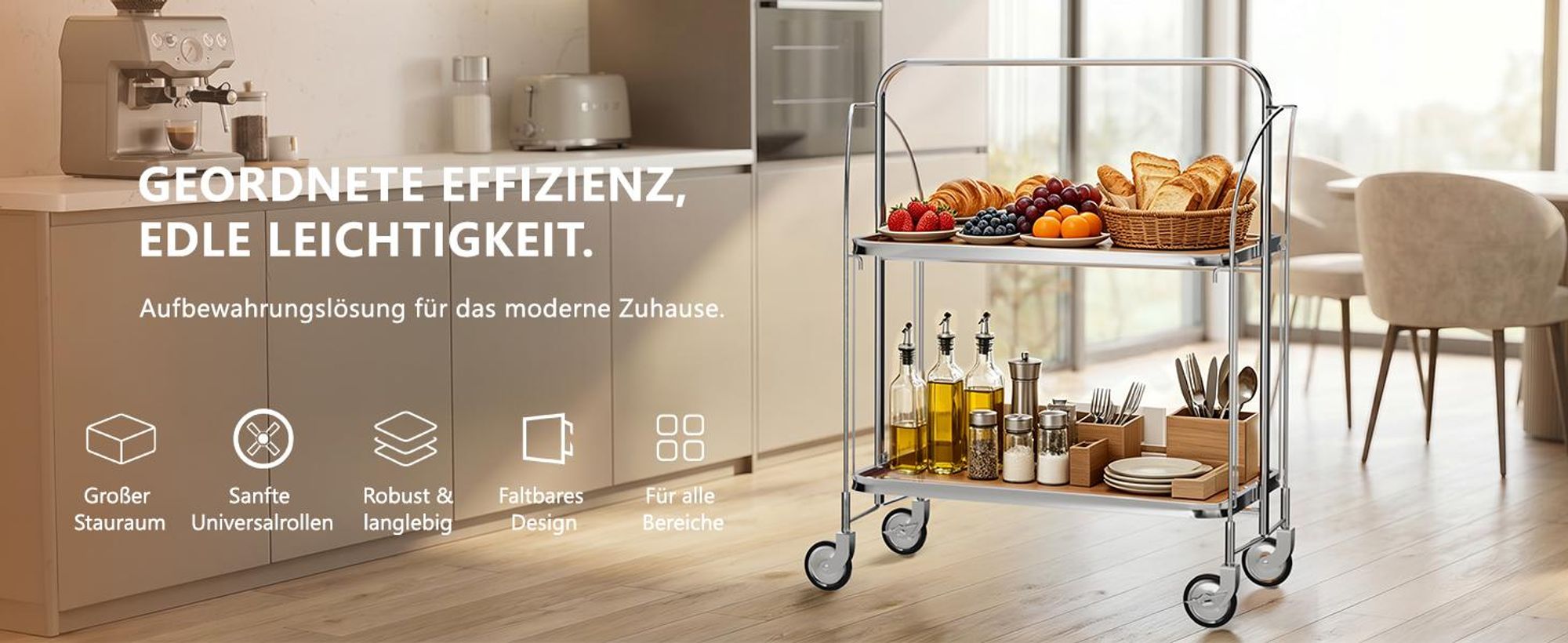 Servierwagen aus Edelstahl mit 2 Glasablagen, 68 × 40 × 80 cm, klappbarer Küchenwagen mit Rollen für Gastronomie, Restaurant und Hotel