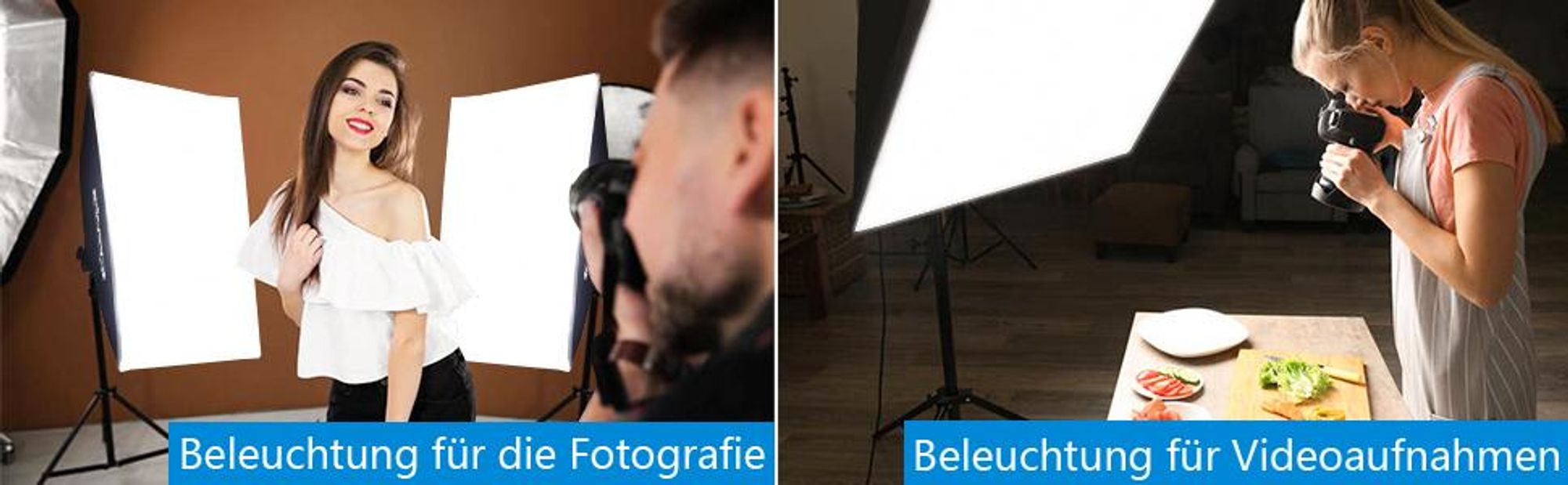FCH Studio Softbox Set 2x51x69 cm mit 5500K LED Beleuchtung, professionelle Fotografie Ausrüstung mit verstellbaren Ständern, Schwarz Silber