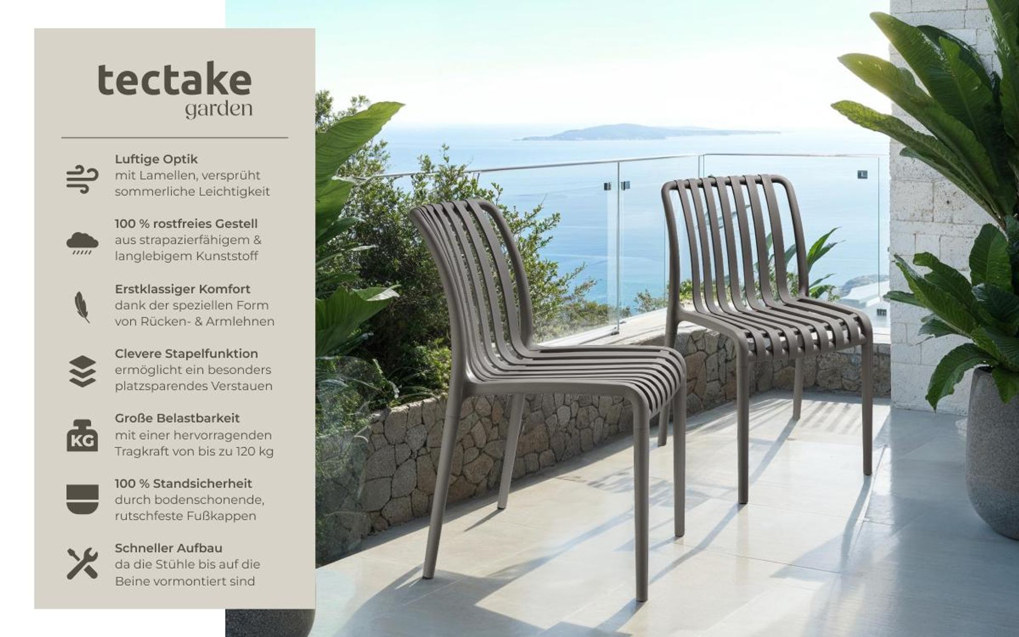 tectake® Gartenstühle Alcudia, wetterfest, stapelbar