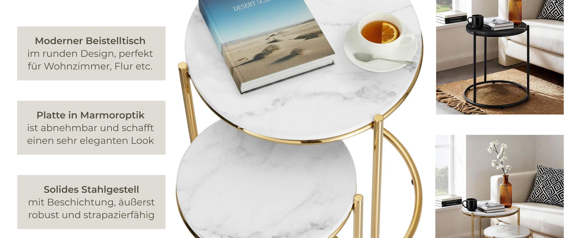 tectake® Beistelltisch Ellsa, Marmoroptik, Stahlgestell