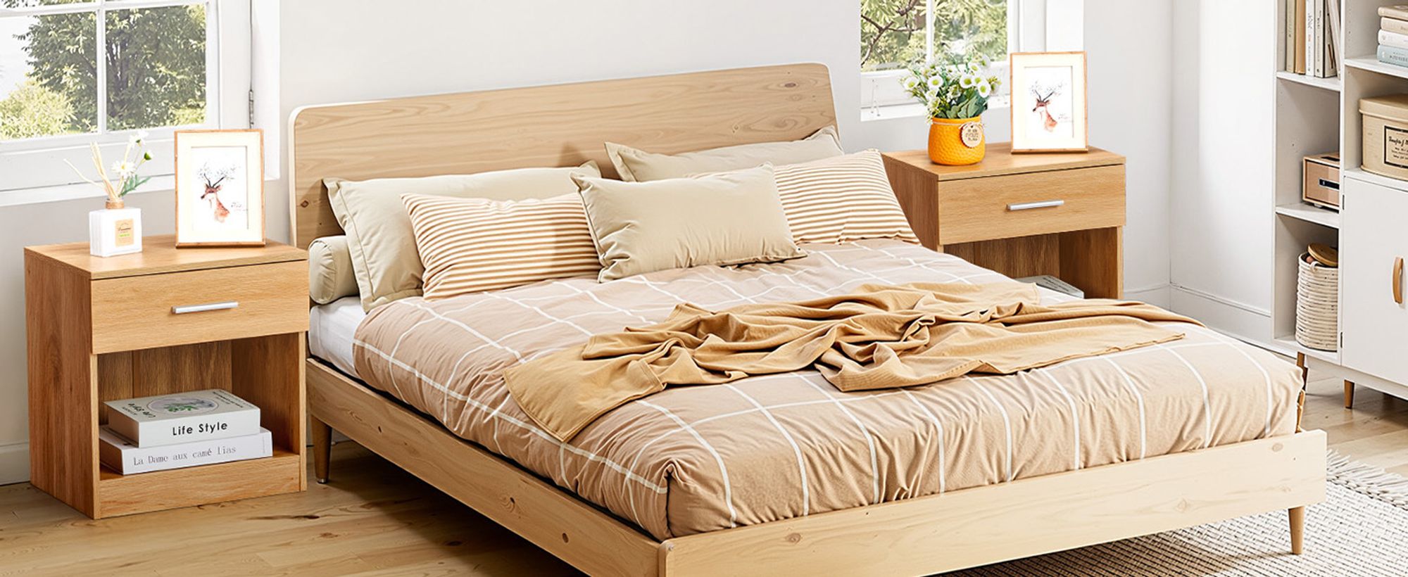 FCH Nachttisch, mit Schubladen Beistelltisch Nachtschrank, 39 x 28 x 41 cm，Eiche, 1PC