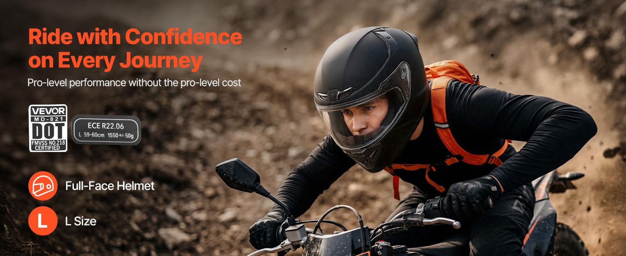 VEVOR Vollgesichts-Motorradhelme, Erwachsenen-Motocross-Helm für Dirt Bikes mit klarem Visier, leichter und bequemer Motorrad-Straßenhelm für Männer und Frauen - DOT & ECE genehmigt (Größe L)