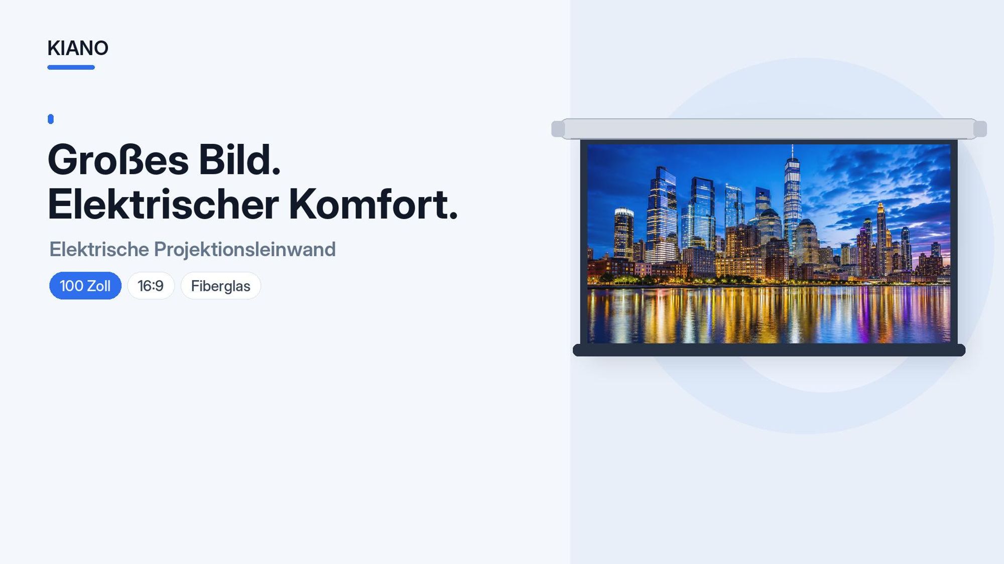 Kiano Electric 100 Zoll Beamer-Leinwand 16:9 Fiberglass, elektrisch, für Wand und Decke, Heimkino, Büro und Präsentationen