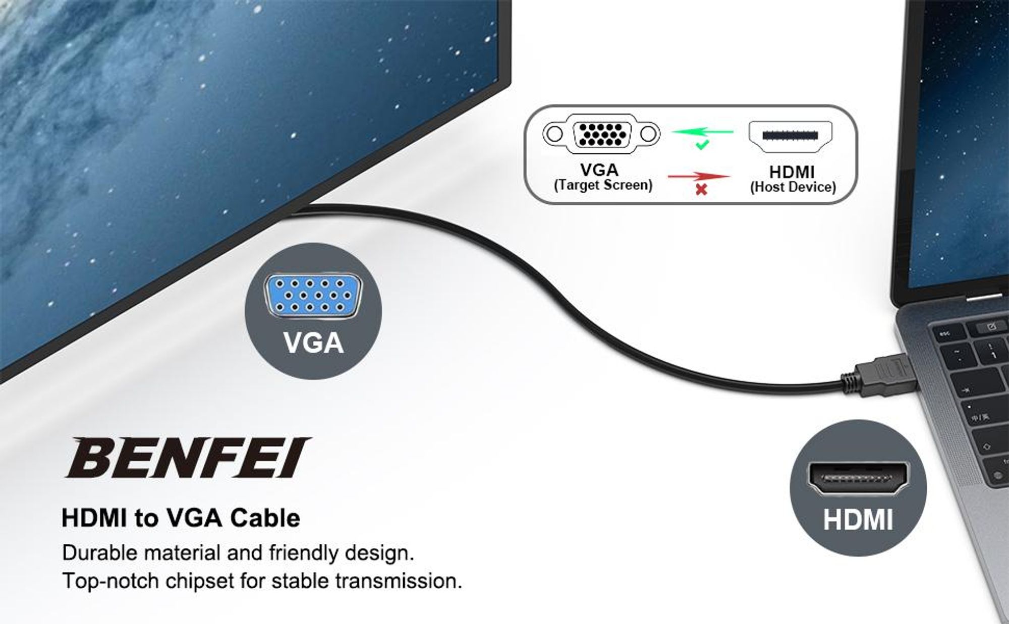 BENFEI Kabeladapter HDMI auf VGA Kabel 1.8m Unidirektional Adapter