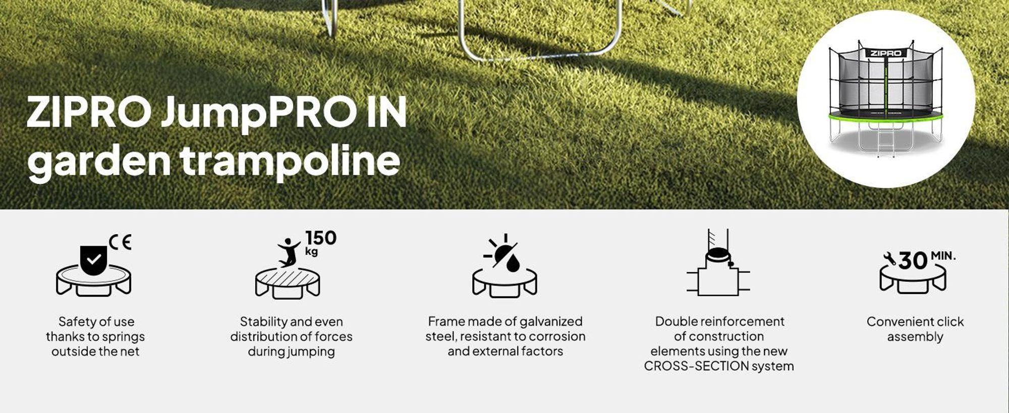 ZIPRO Trampolína Jump Pro IN | 10FT Ø 312 cm | Zahradní trampolína Dětská trampolína Kompletní sada včetně vnitřní sítě, žebříku a krytu okraje, venkovní, zelená