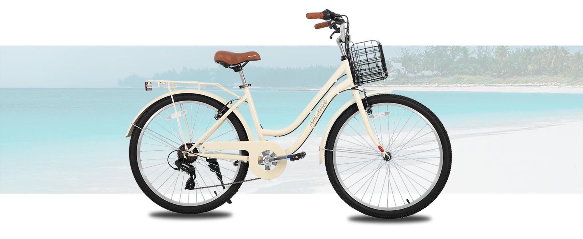 Hiland 26 Zoll 7 Gang Pendler Stadtfahrrad für Männer und Frauen, Step-Through Rahmen Cityräder für Erwachsene mit Gepäckträger und Korb, Fender
