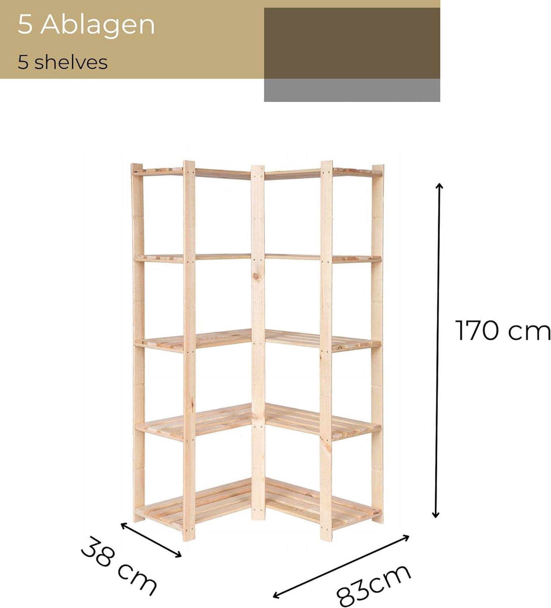 STOLMAK Holzregal Eckregal 83x170x38 cm Kiefernholz Standregal mit 5 Ablagen Natur Lagerregal Kellerregal Badregal für Wohnzimmer Garage