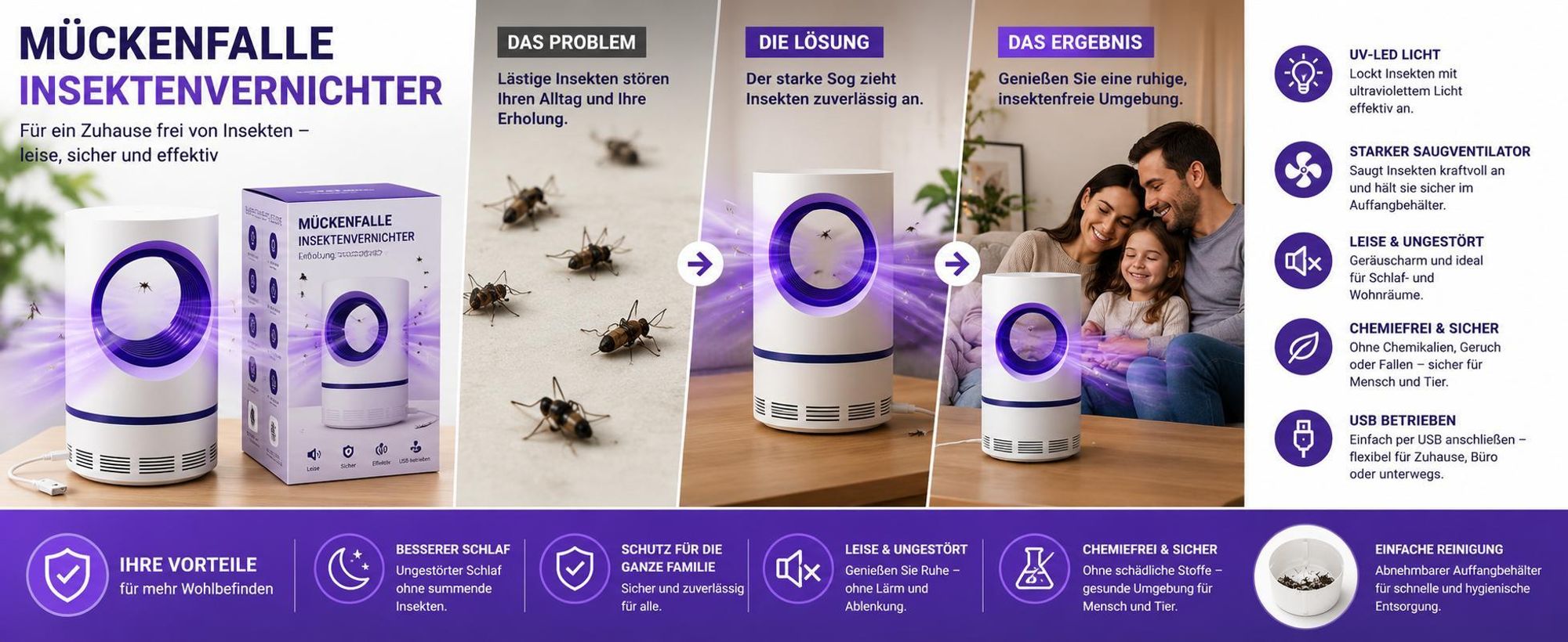 UV-Mückenfänger mit starkem Wirbeleffekt – effektiv, chemiefrei und einfach zu reinigen für Innenräume – BUZZOFF