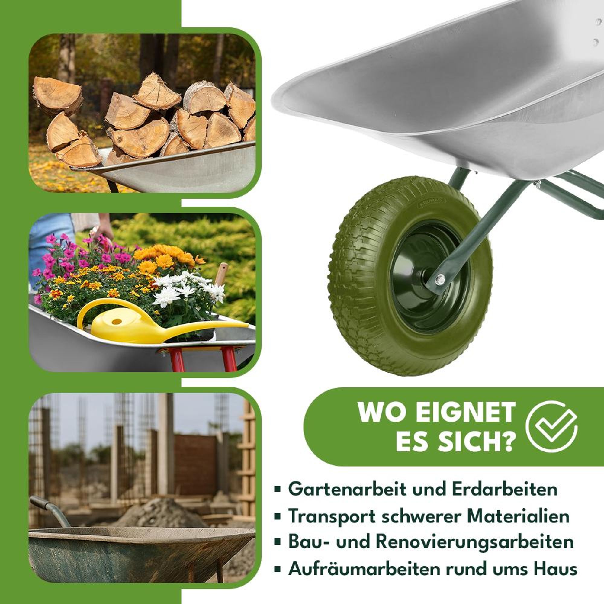 KRUMAD Schubkarrenrad Vollgummi mit Achse 200 kg 4.80/4.00-8 39 cm Metall Ersatzrad für Schubkarre Schubkarrenzubehör