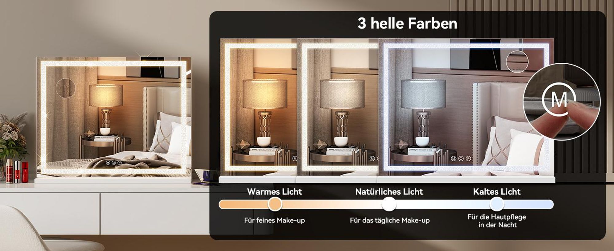 Puluomis Kosmetikspiegel 70x55 cm dimmbar mit LED Diamanten Design, 3 Farben Hollywood Spiegel, Schminkspiegel USB Type C Tischspiegel Wandspiegel