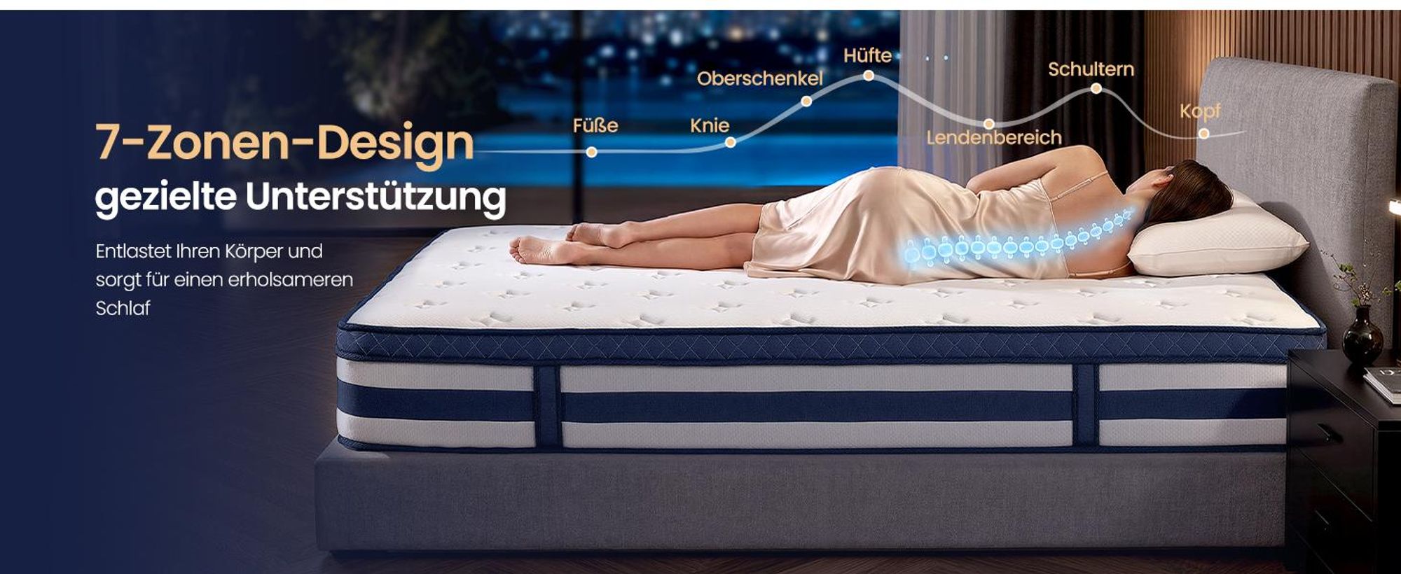 VASAGLE 7-Zonen Taschenfederkernmatratze mit Gel-Memory-Schaum, H3 Mittelfest, 90 x 200 x 25 cm, Blau