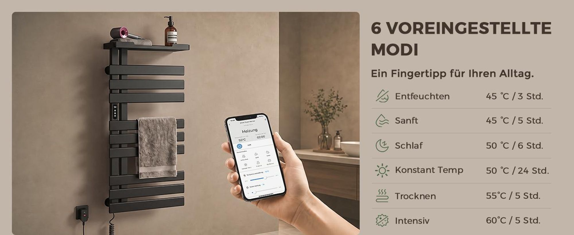 S'AFIELINA Handtuchheizkörper elektrisch mit Ablage 1050×500mm 335W Schwarz,Smart Handtuchwärmer mit WLAN-App, Carbonfaser-Heizung, 6 Heizmodi