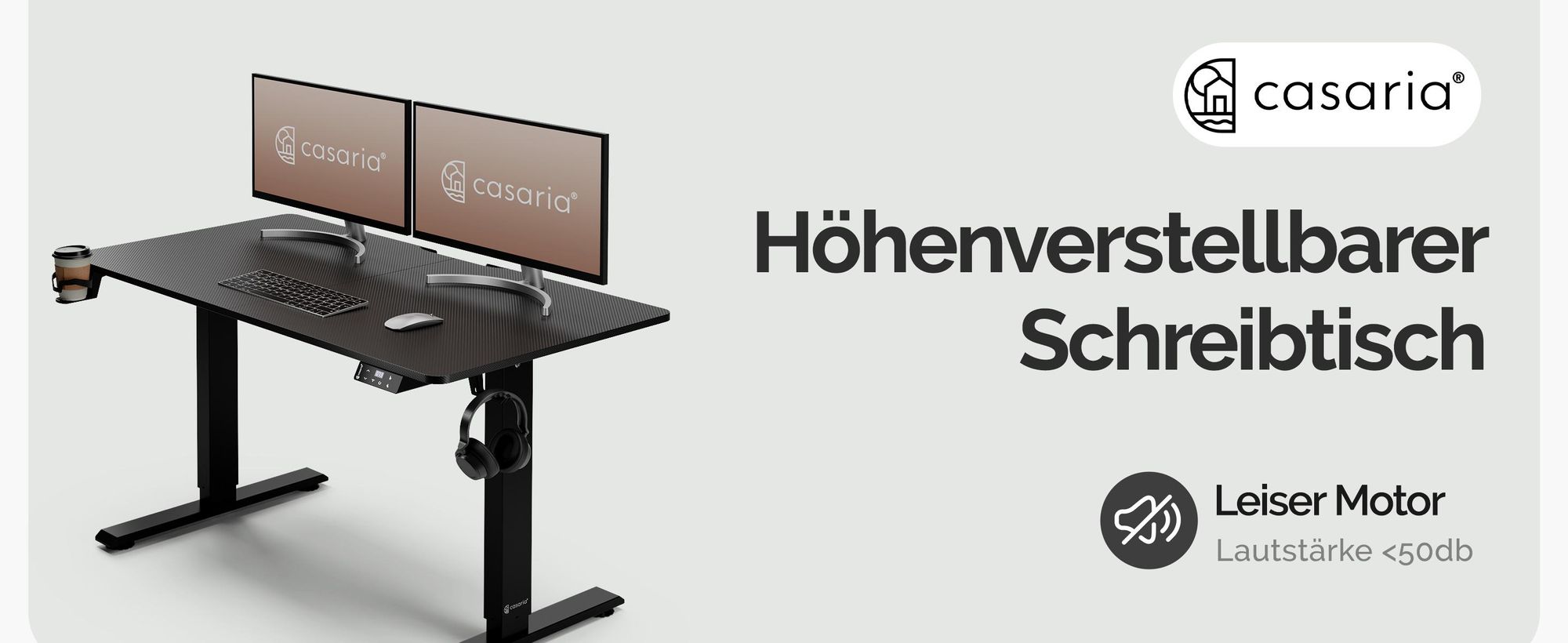 CASARIA® Höhenverstellbarer Schreibtisch Elektrisch, Schwarz – 110 cm x 60 cm – Memory Funktion – LCD Bedienelement mit Höhenanzeige – Getränke- & Kopfhörerhalter – Traglast 80kg, Stabile Konstruktion