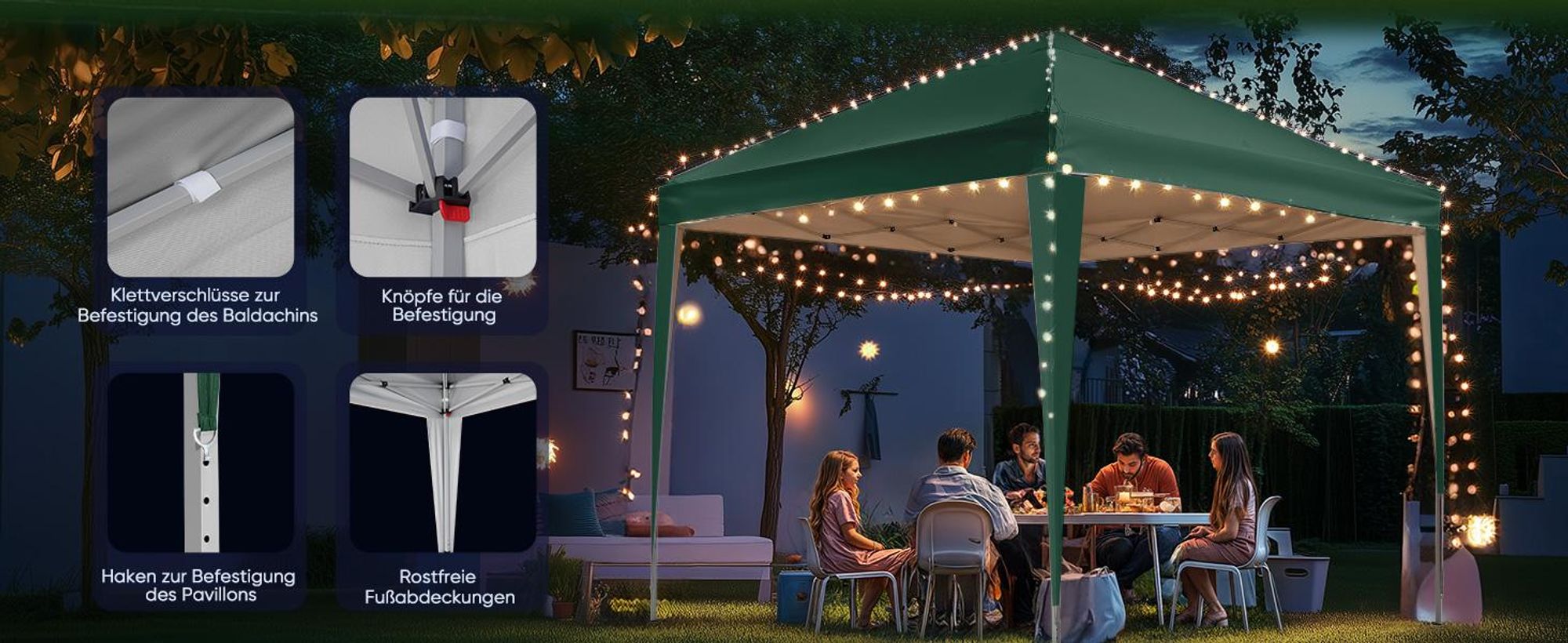Quictent Pavillon 3x3m Wasserdicht Faltpavillon Stabil Winterfest, Pop-Up Klicksystem, UV-Schutz 50+, Gartenzelt, Partyzelt, Festzelt Grün