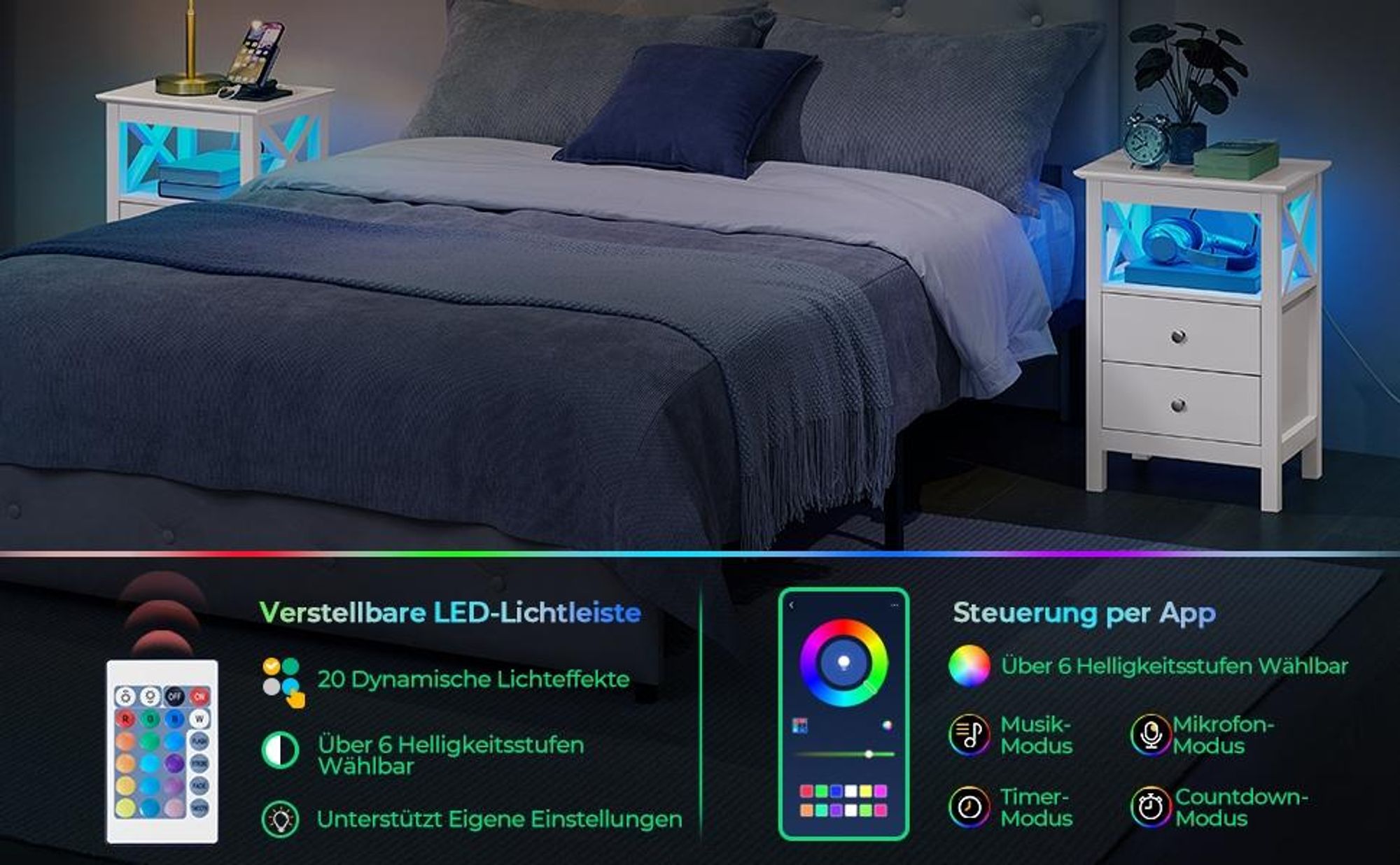 Yaheetech Nachttisch mit Steckdosen & einstellbarer LED, Nachtschrank Beistelltisch, Weiß