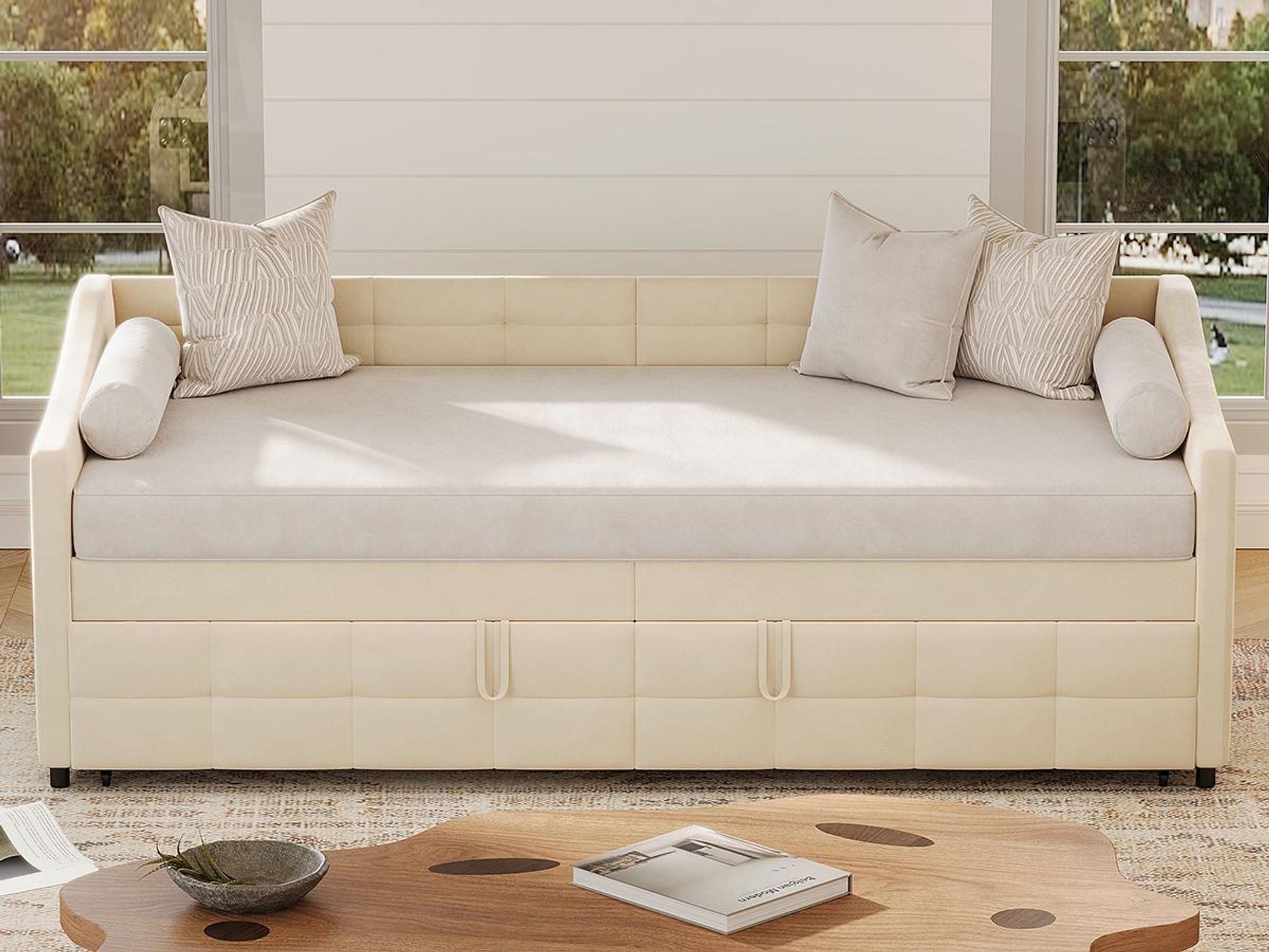 INONEFT Polsterbett Schlafsofa 90x200cm mit Ausziehbett ,Tagesbett mit Lattenrost und Armlehnen,Jugendbett,Samt, Beige