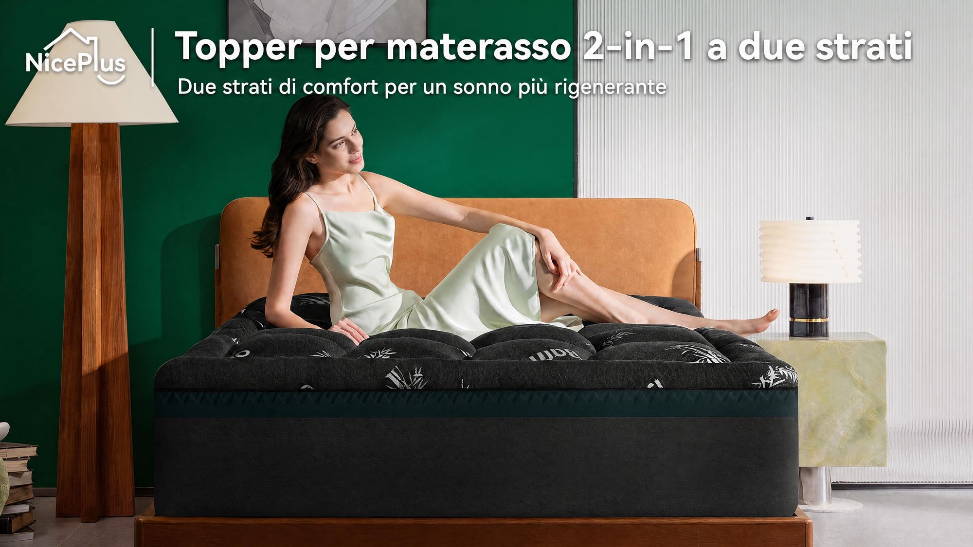NicePlus, materasso topper 2-in-1, 140x200x7 cm, con imbottitura in memory foam a 5 zone e strato superiore in bambù, dotato di angoli elasticizzati per adattarsi a tutti i tipi di materasso, livello di comfort H2/H3, colore nero