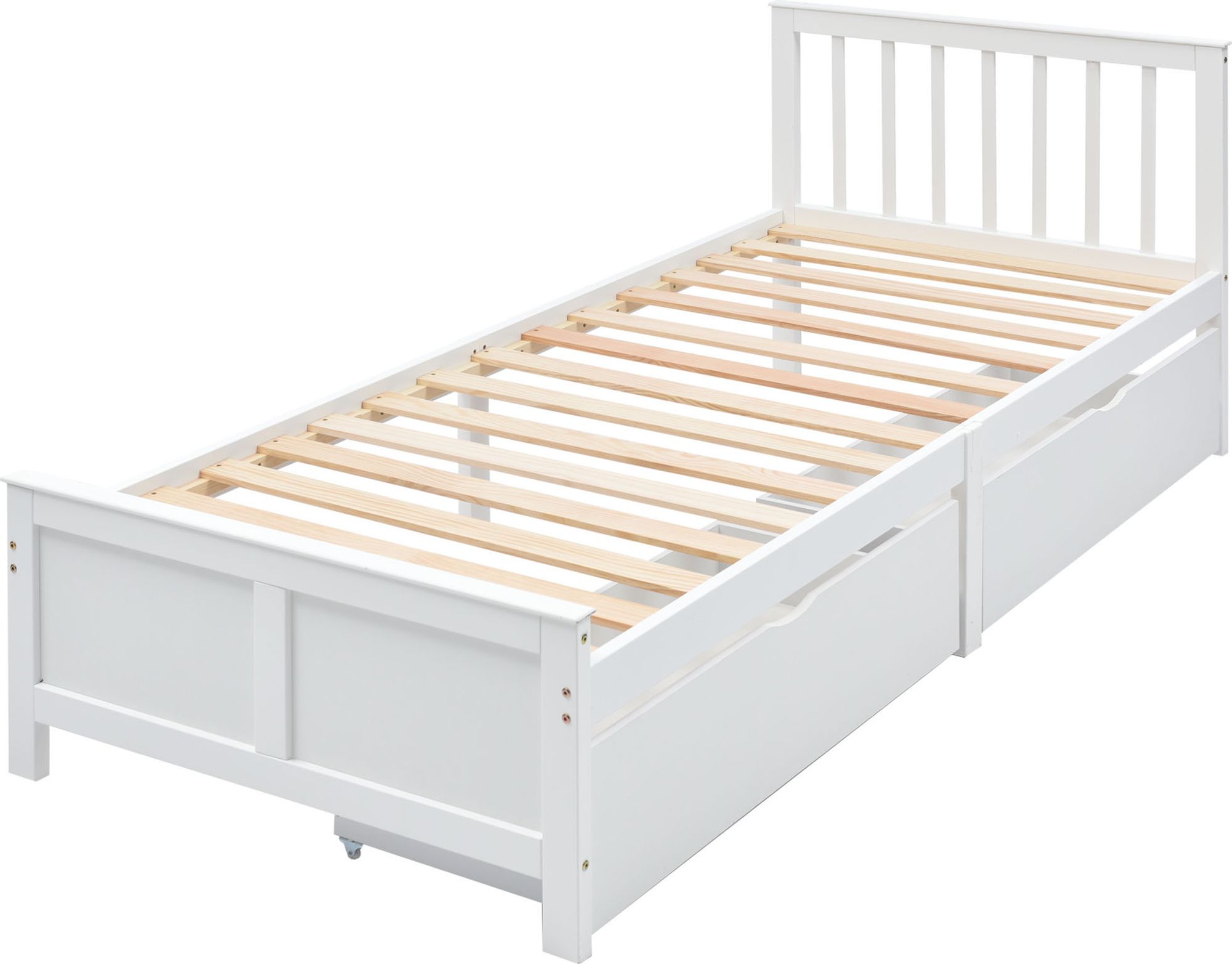 Flieks Massivholzbett Klassisches Bett 90x200cm mit Lattenrost und 2 Schubladen, Jugendbett Einzelbett Gästebett weiß