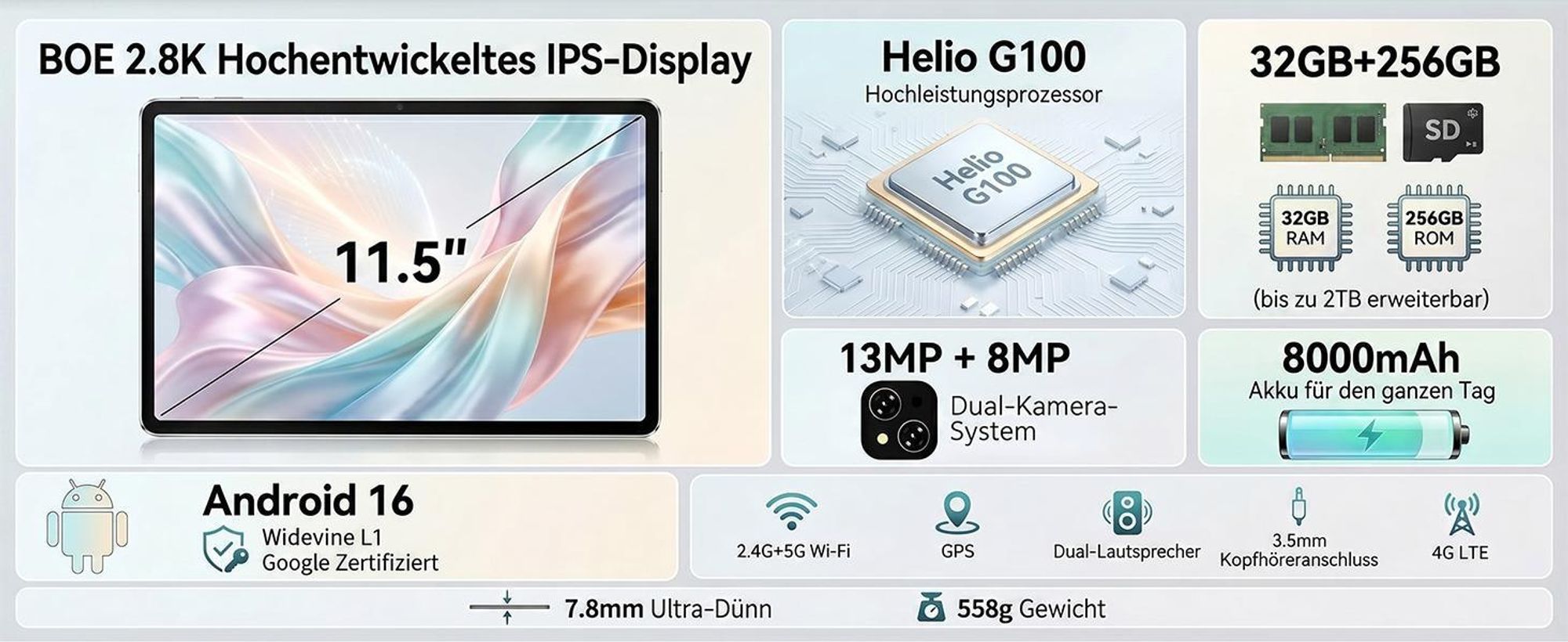 KOBONA-Kingrid T12 Pro 11,5" 2,8K 120Hz, Dual 4G SIM, 8000mAh, 32GB(8+24) RAM+256GB ROM, Android 16, Helio G100, 13MP+8MP Dual Kamera, 2TB Erweiterung