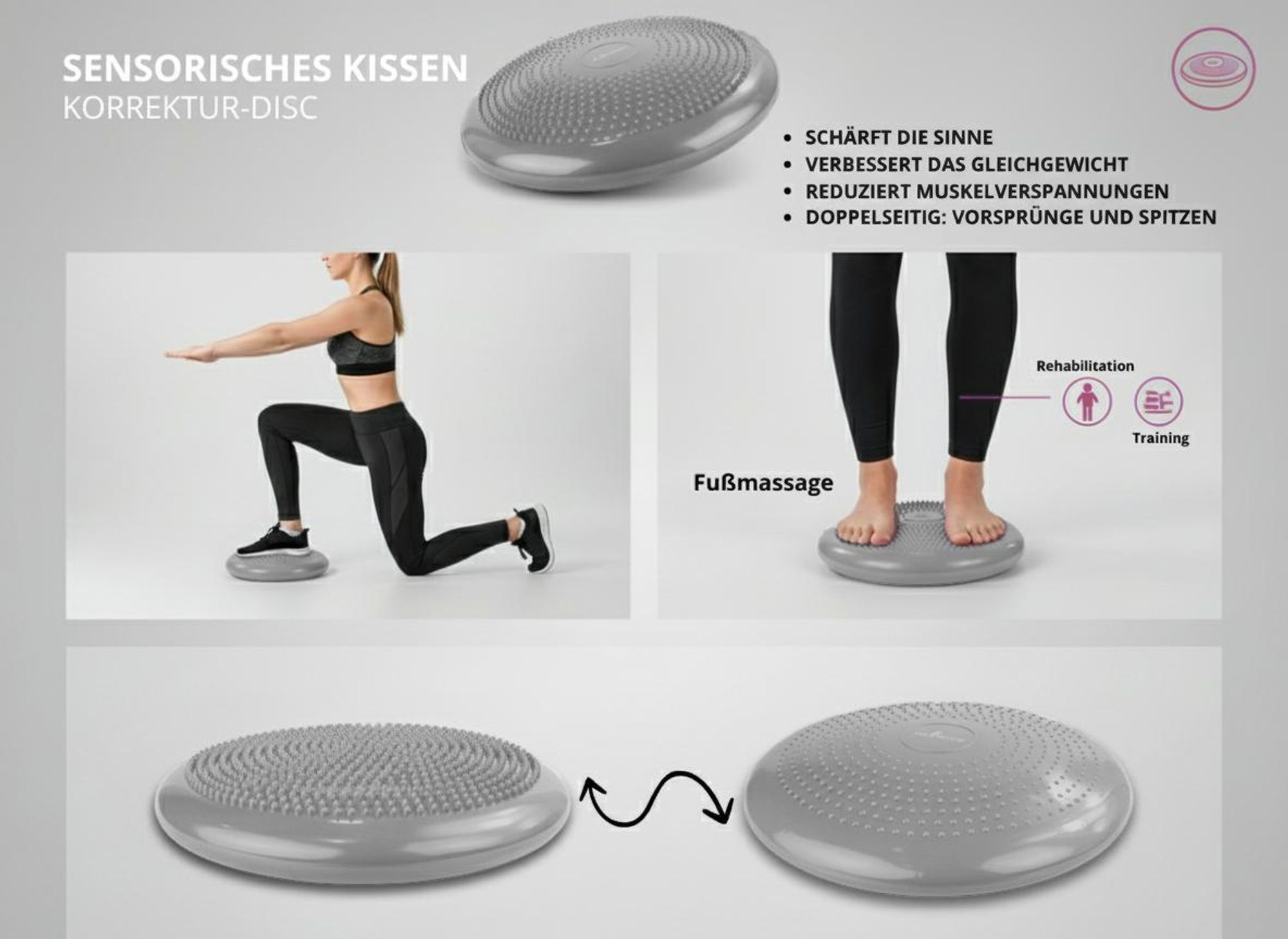 Sensomotorisches Kissen 34 cm Rücken Training gleichgewichtskissen + Pumpe Grau