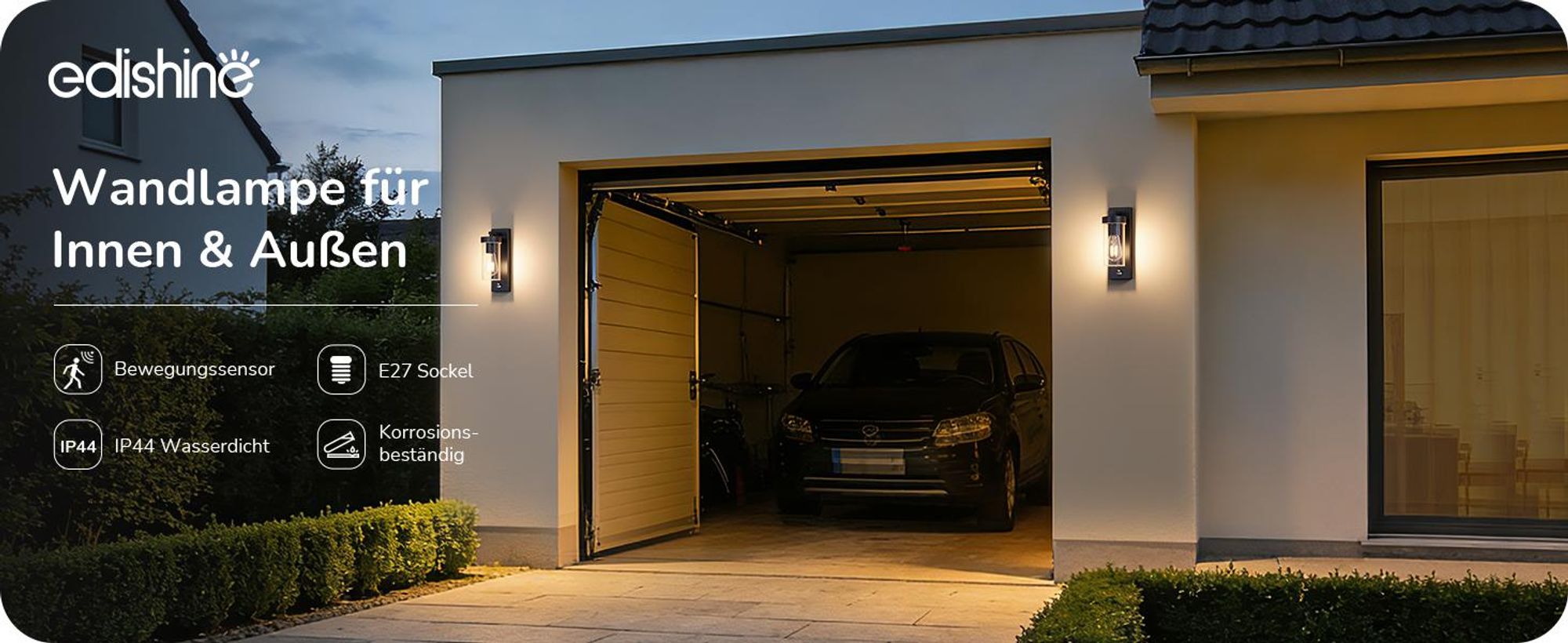 EDISHINE Außenwandleuchte mit Bewegungsmelder, Aluminium, Moderne Wandlampe E27 mit Dämmerungssensor, für Haustür, Terrasse, Garage, Schwarz