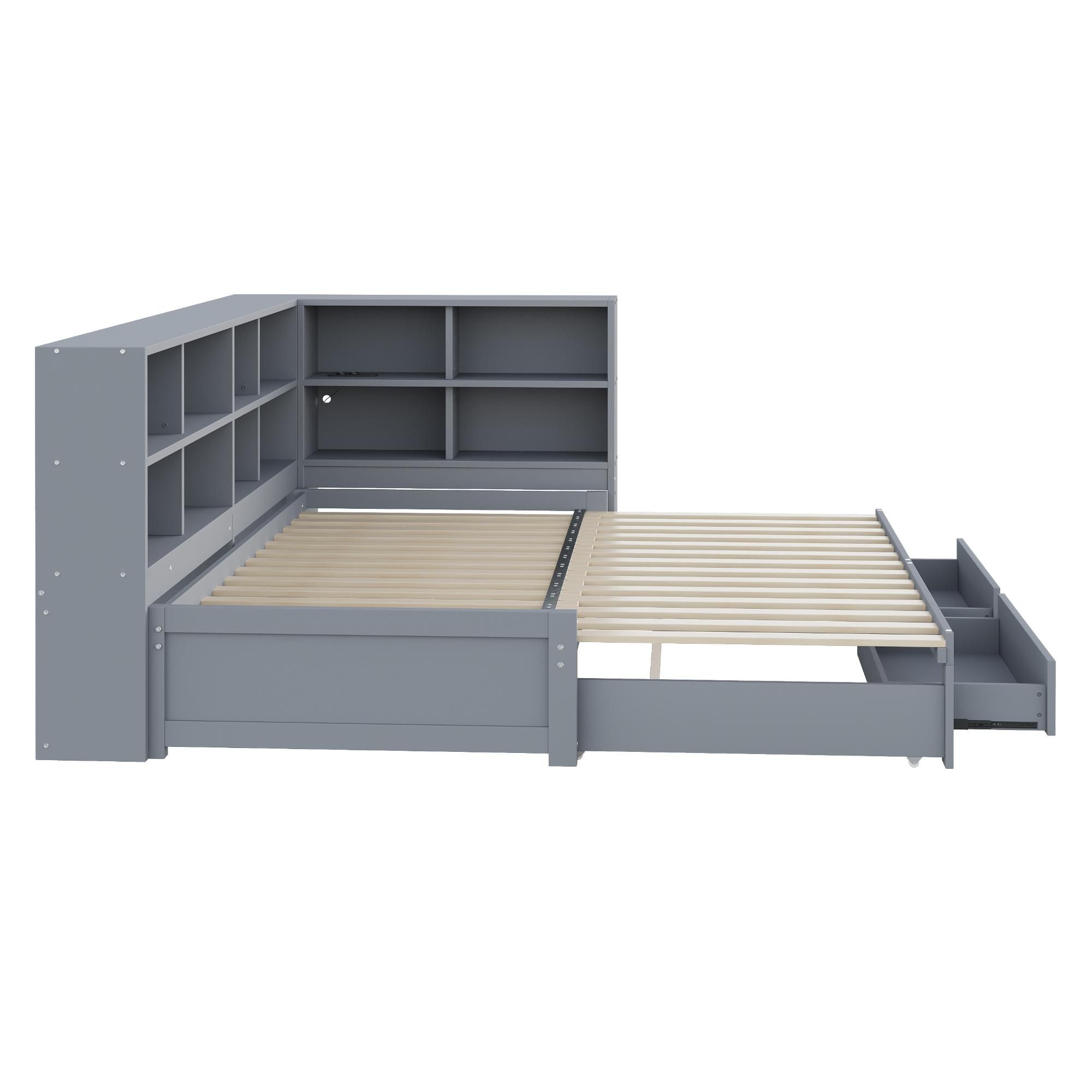 Merax Massivholzbett 90x190/180x190 cm mit Ausziehbett, Tagesbett mit Stauraum und Ladeanschluss, Multifunktionsbett Kinderbett Grau