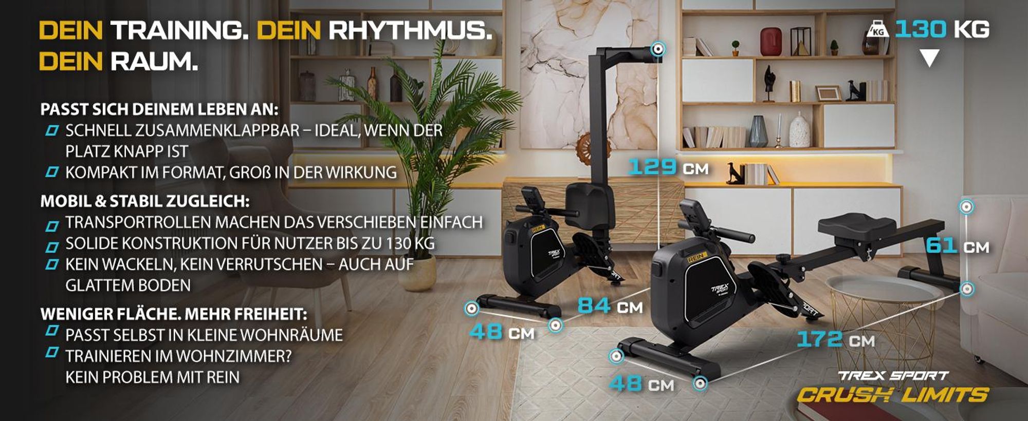 TREX SPORT Rudergerät klappbar für zuhause TX-580RM REIN | Rudermaschine mit Magnet-Widerstand 16 Stufen, 9kg Schwungmasse | mit LCD-Display bis 130kg