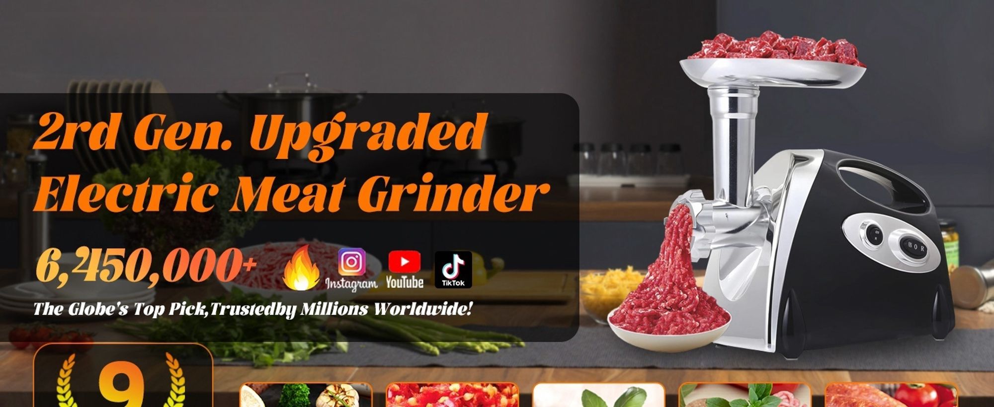 2800W Elektrischer Fleischwolf, 3in1 Multi Küchenmaschine,Super-intelligenter Wärmeschutz,Wurstmaschine mit 3 Lochscheiben, 4 Kegel-Klingen, Schwarz