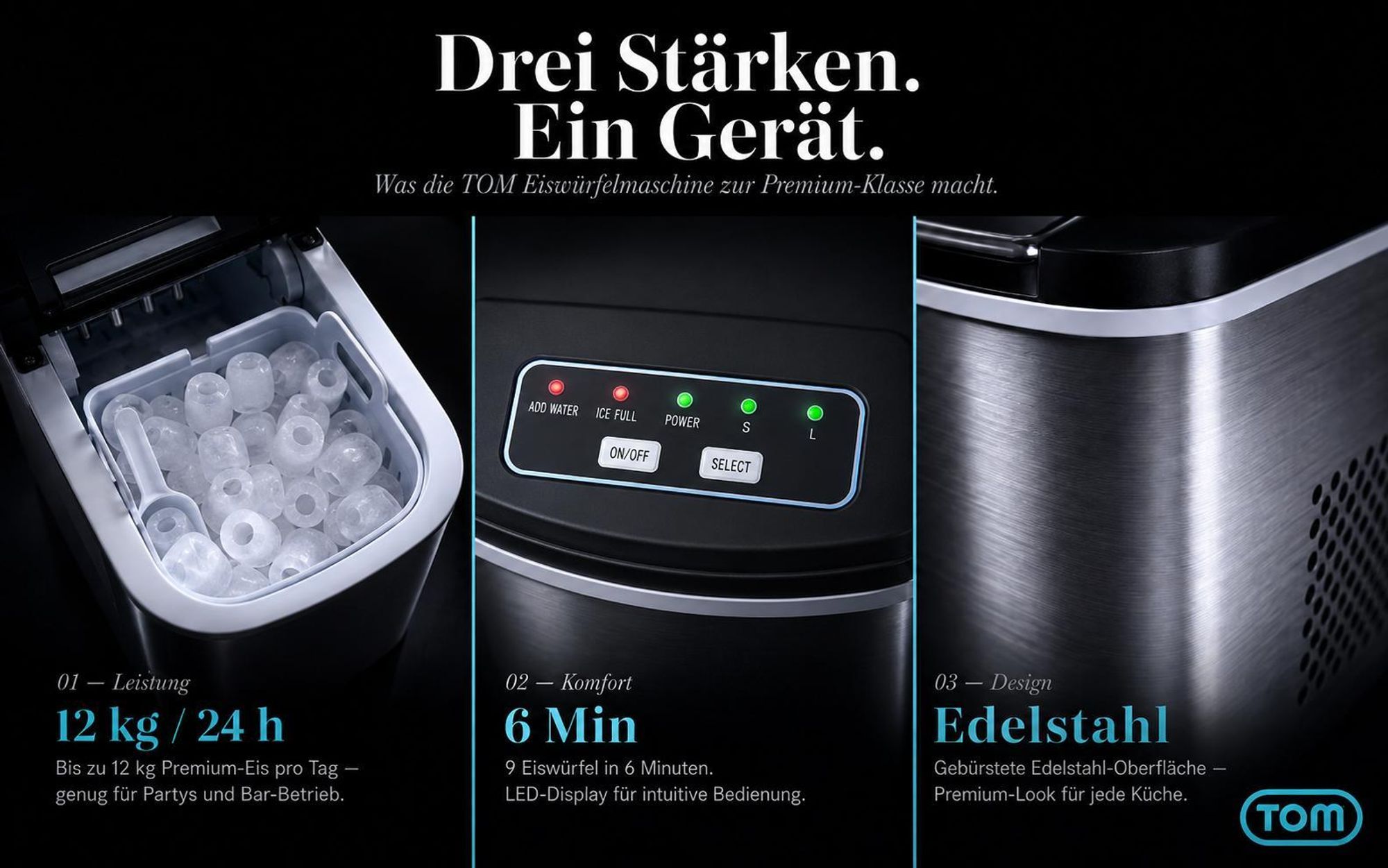 Eiswürfelmaschine Eiswürfelbereiter Edelstahl 1,3 Liter mit Eiszange TOM | 12kg / 24h | 2 Größen | LED-Display | Herausnehmbarer Eiswürfelkorb