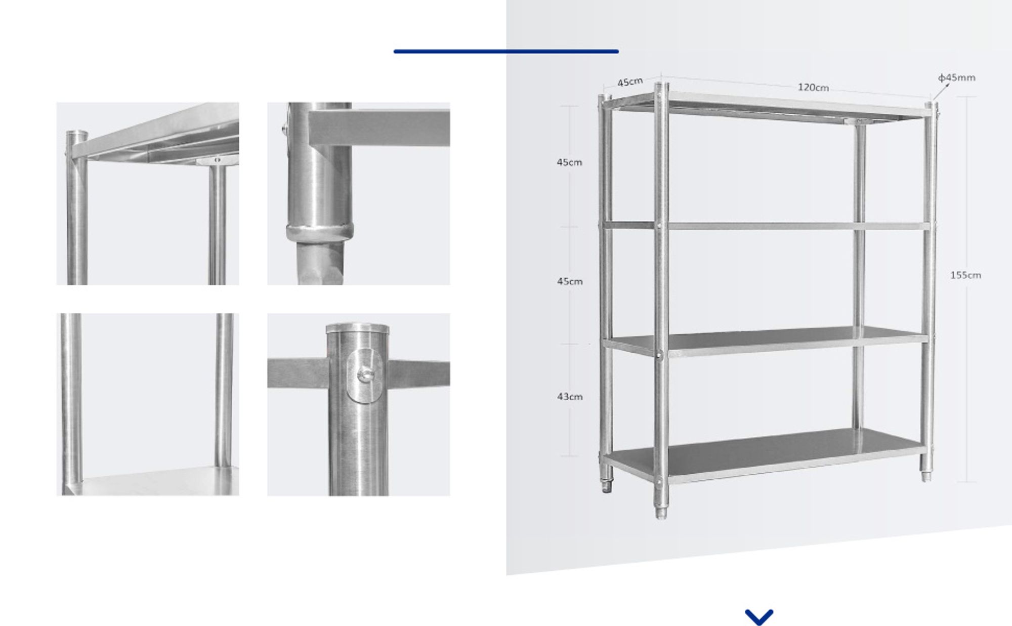 Wiltec Edelstahlregal Gastro Schwerlastregal 155x120x50cm aus 201 Edelstahl Küchenregal Vorratsregal Lagerregal für Küche Werkstatt und Keller