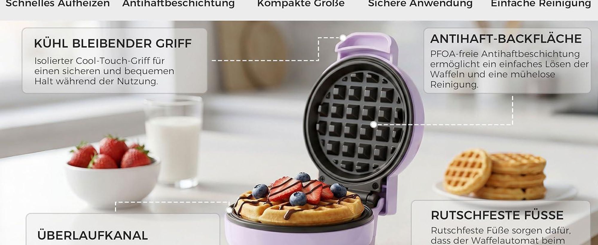 YASHE Mini Waffeleisen 550W, Antihaft-Waffelmaschine, Lila