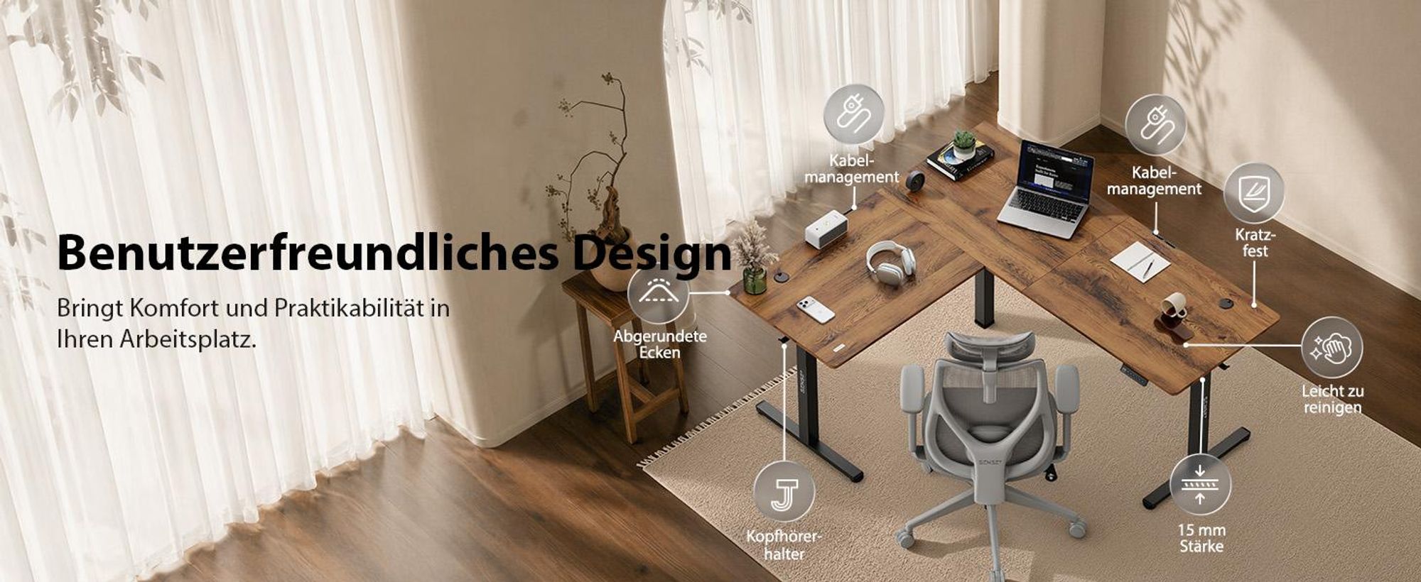 SENSE7 NOJO Light Corner Eckschreibtisch Elektrisch Höhenverstellbar 160x140 L-Form Stehschreibtisch Doppelmotor Holzoptik Dunkelbraun Schwarz