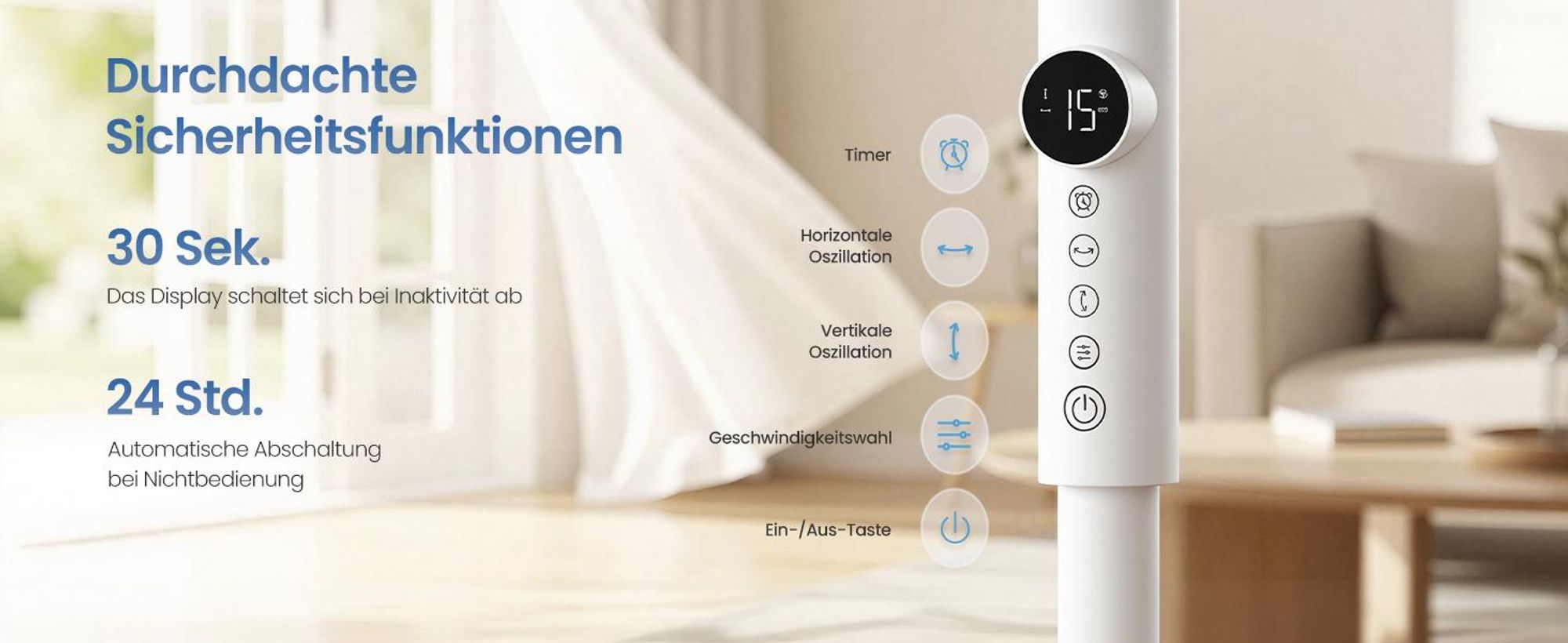 SONGMICS Standventilator mit Fernbedienung, höhenverstellbar, 15 Geschwindigkeiten, Oszillation, Timer, leise, weiß
