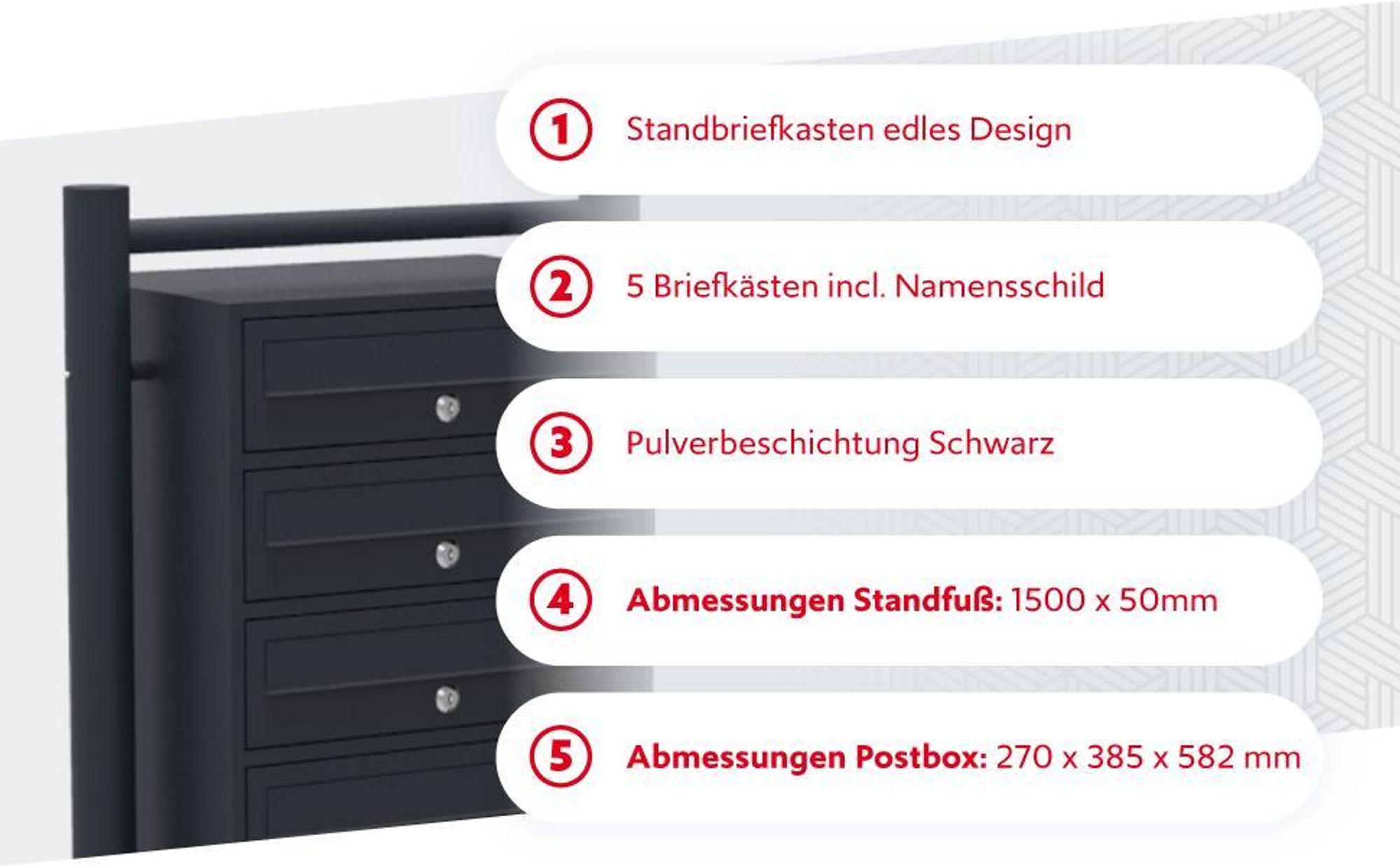 Wiltec 5er Briefkastenanlage schwarz 556 x 270 x 1500 mm, Standbriefkasten mit 5 Fächern, Schlüssel und Namensschild, Briefkasten Postkasten mit Ständer