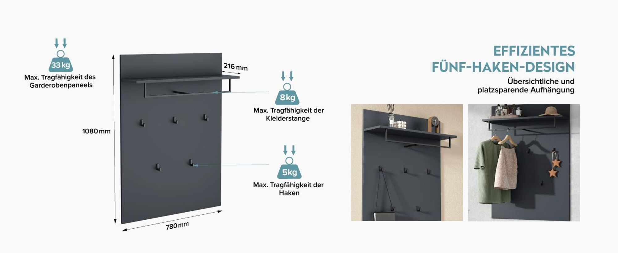 doporro Wandgarderobe, Garderobenpaneel mit 5 Haken, geeignet für Garderobe, Flur und Eingangsbereich,108*78*21.6cm, Kerneiche, Gabo-01