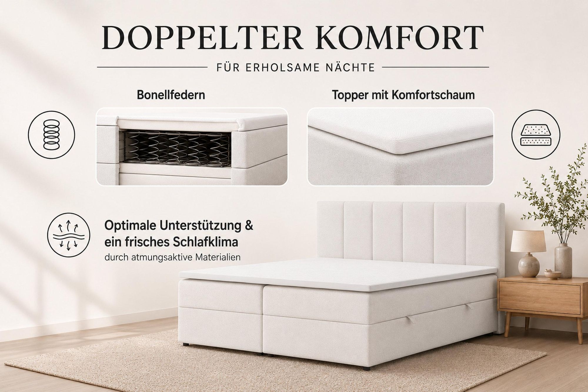 VENASI LISA Boxspringbett 140x200 mit Bettkästen H2/H3 Matratze BEIGE