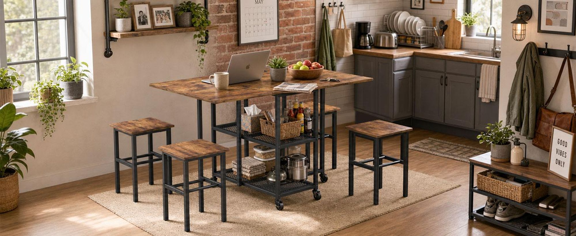 Mondeer Faltbarer Tisch mit 4 Hockern und Ablageflächen, mobiles Ess-Set mit 6 Rollen für Küche & Wohnzimmer 120x70x75cm Rustikales Braun