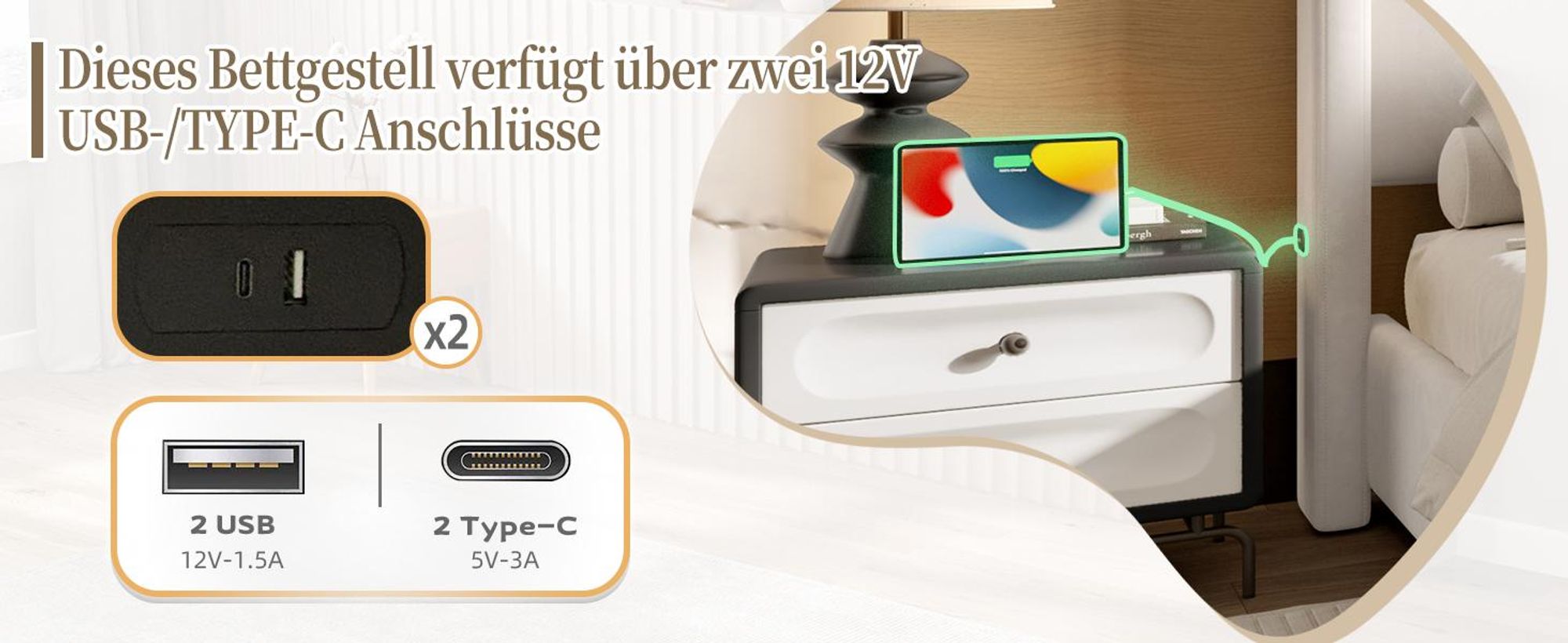 LVHOM Polsterbett 140x200cm mit USB und hohen Kopfteil, Mid Century Doppelbett mit Lattenrost, Jugenbett mit Metallrahmen, Bettgestell Samt, Beige
