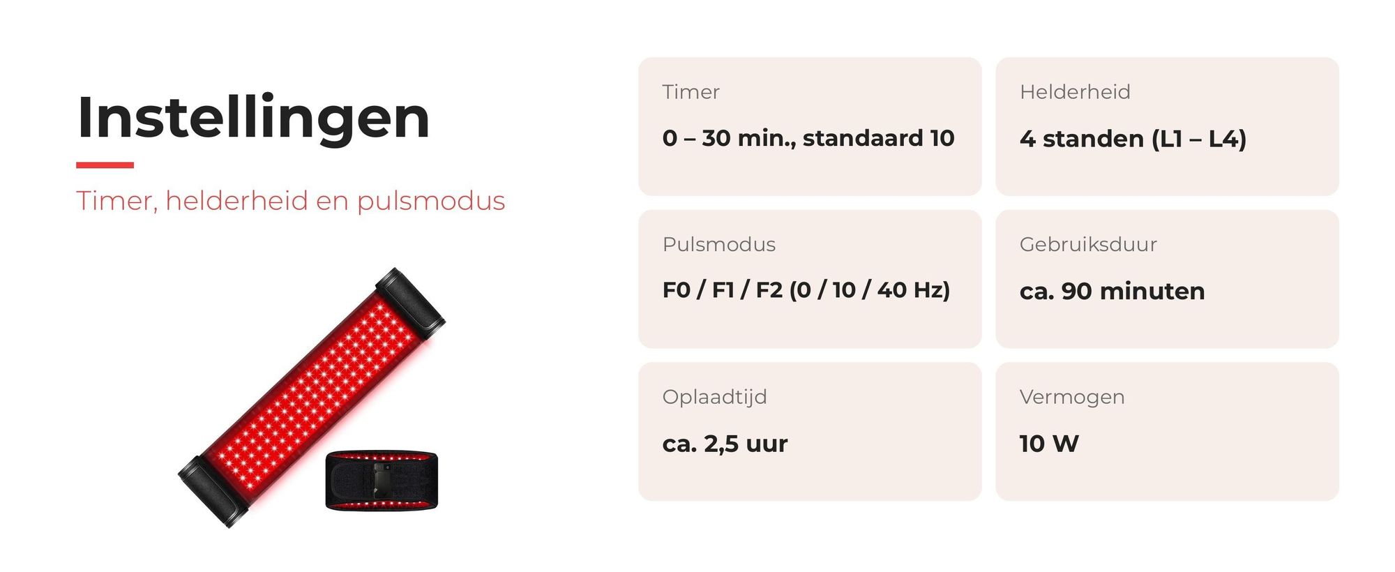 Instellingen van de SHIELD rugband: timer, vier helderheidsstanden en pulsmodus