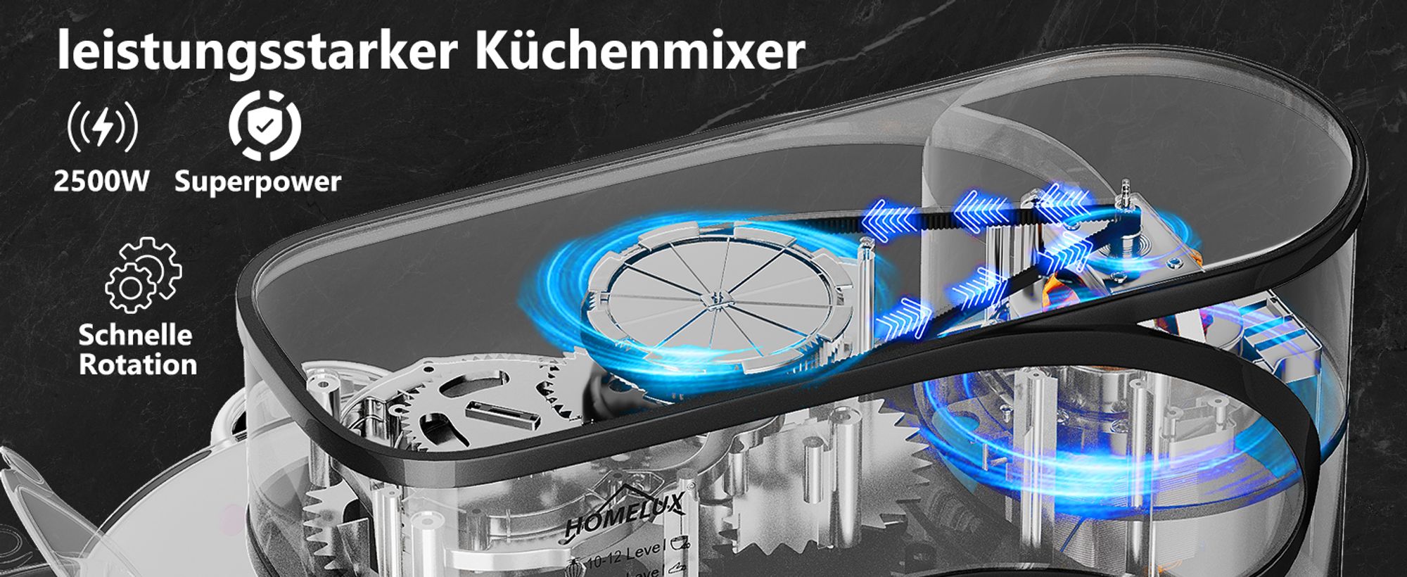 HOMELUX 2500W Küchenmaschine Multifunktional Knetmaschine, 12L Knetmaschine inkl 4-Teiligem Patisserie-Set und Spritzschutz, 12 Geschwindigkeit