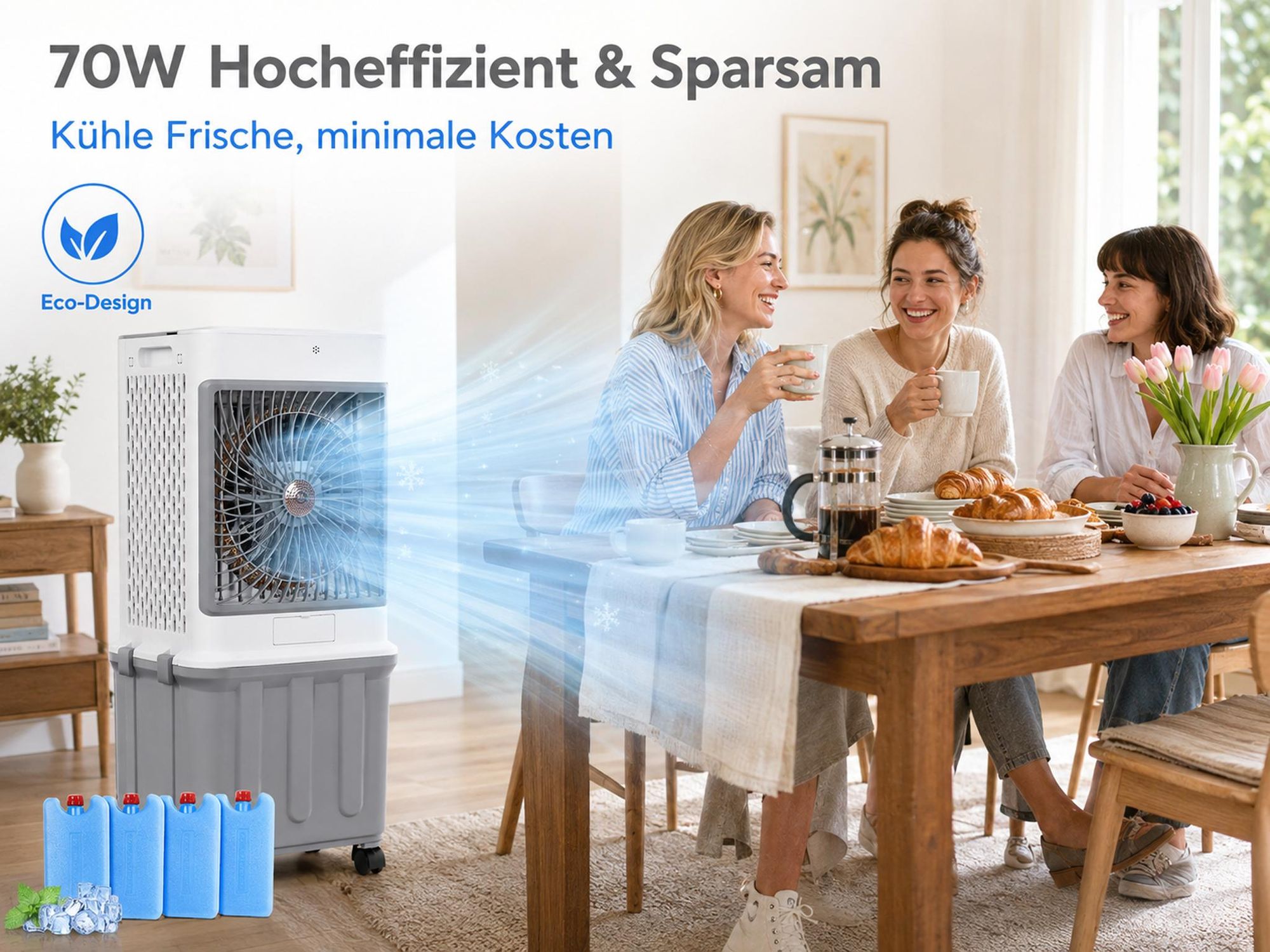 32L Klimagerät Mobil Ohne Abluftschlauch 70W Klimaanlage mit 4 Eisboxen 30H Laufzeit 30dB Leise Ventilator Mit Wasserkühlung Wohnung Zimmer Räume 85cm